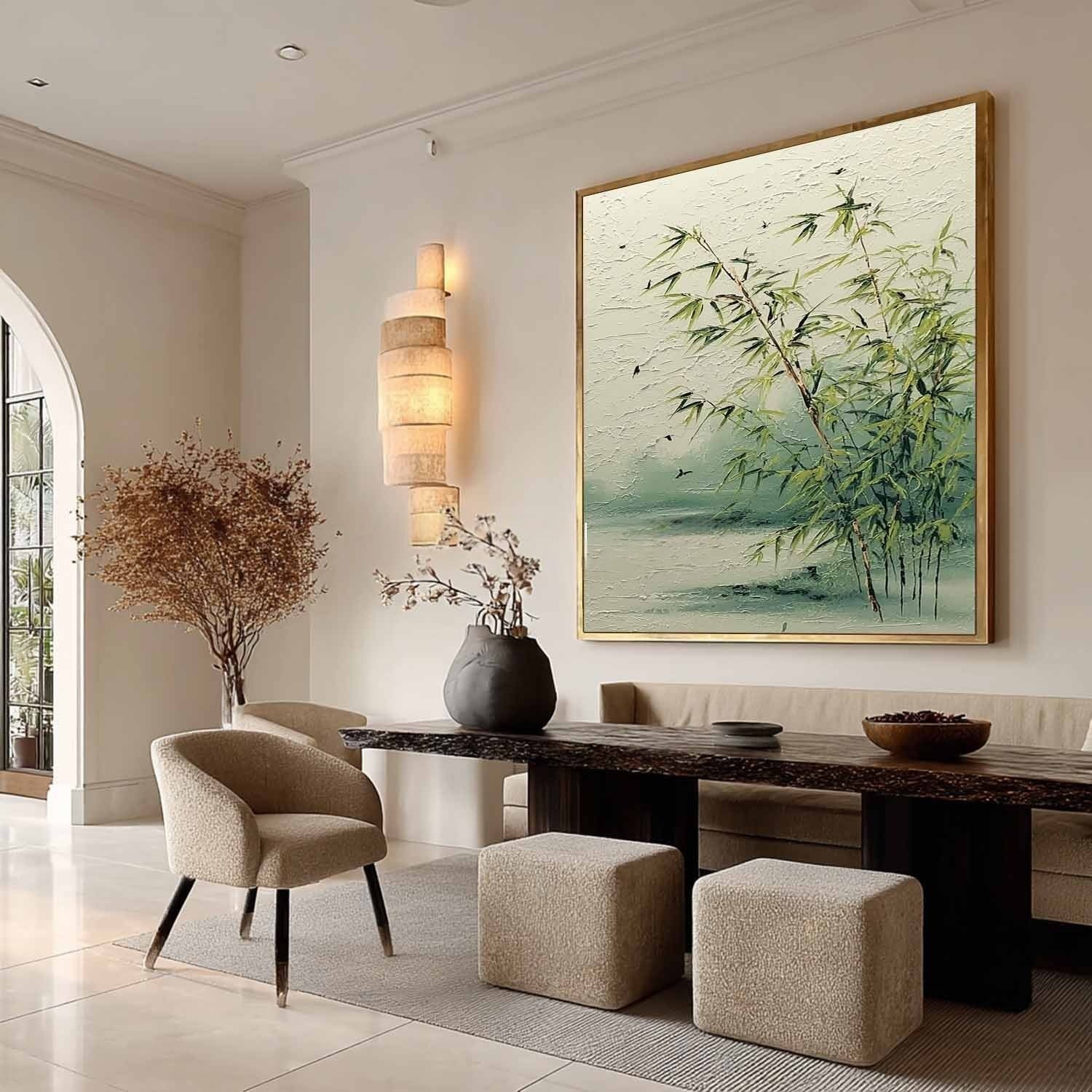 Tranquil Lakeside Bamboo 3D Impasto Painting