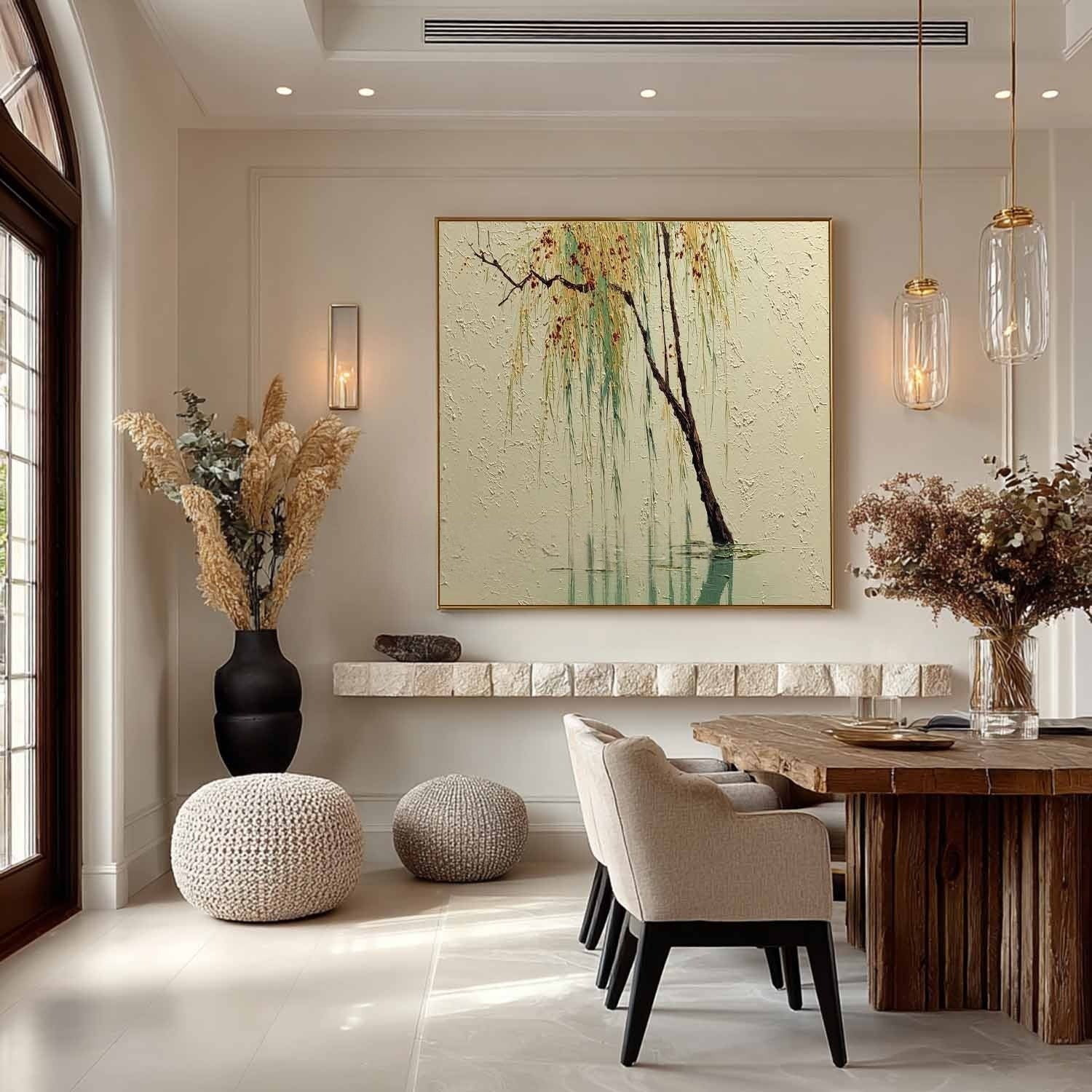 Wall Art Green Willow Reflection Textured Landscape