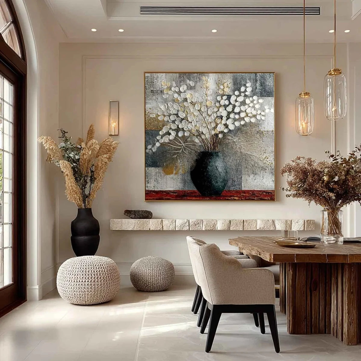 Gold Monstera White Blossoms Impasto Painting