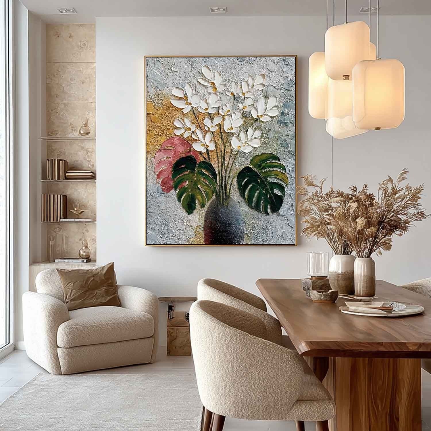 White Blossoms Monstera Impasto Painting