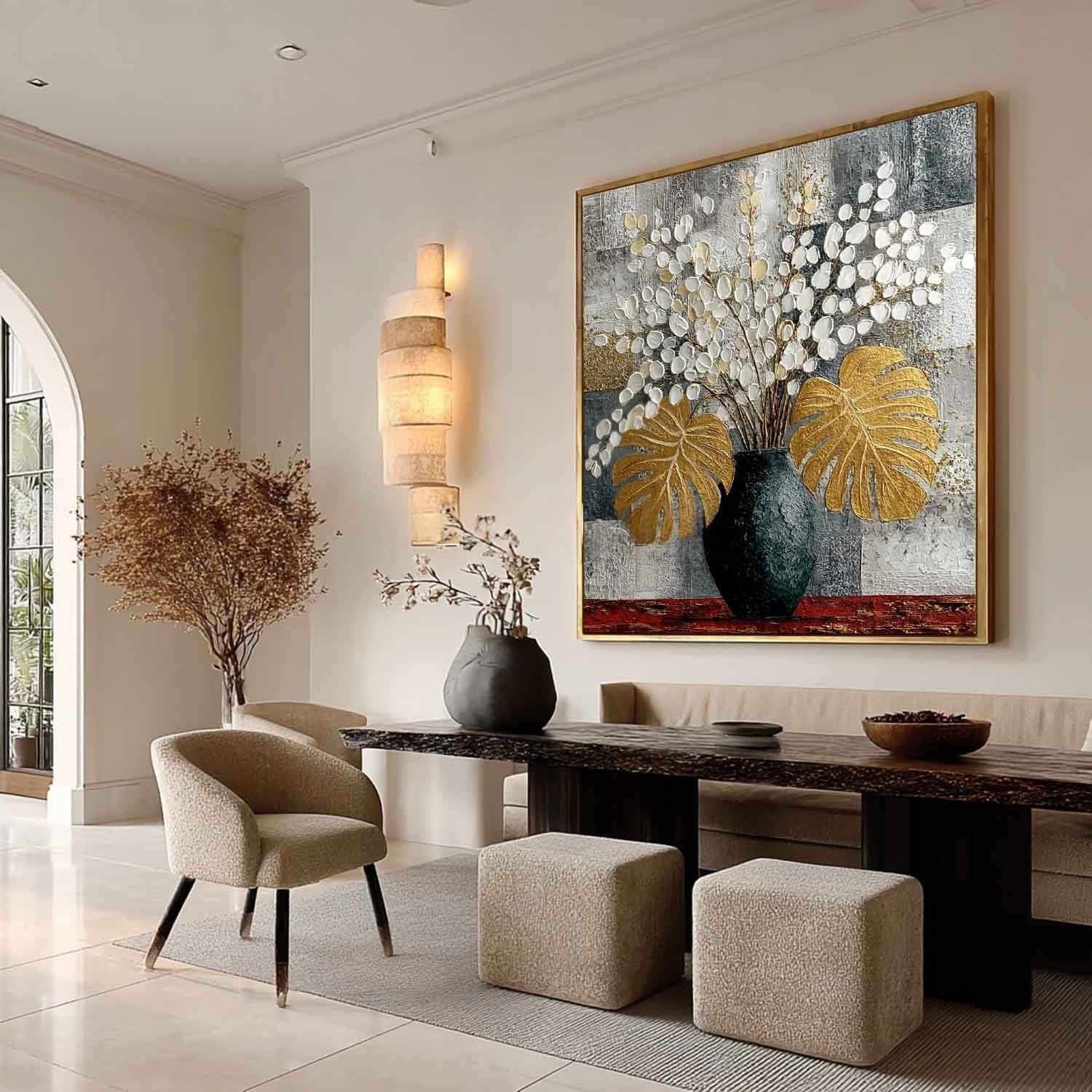 Gold Monstera White Blossoms Impasto Painting