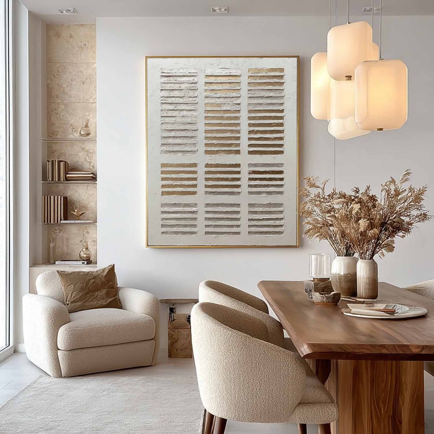 Wall Art Minimalist Grid Beige Gold Textured