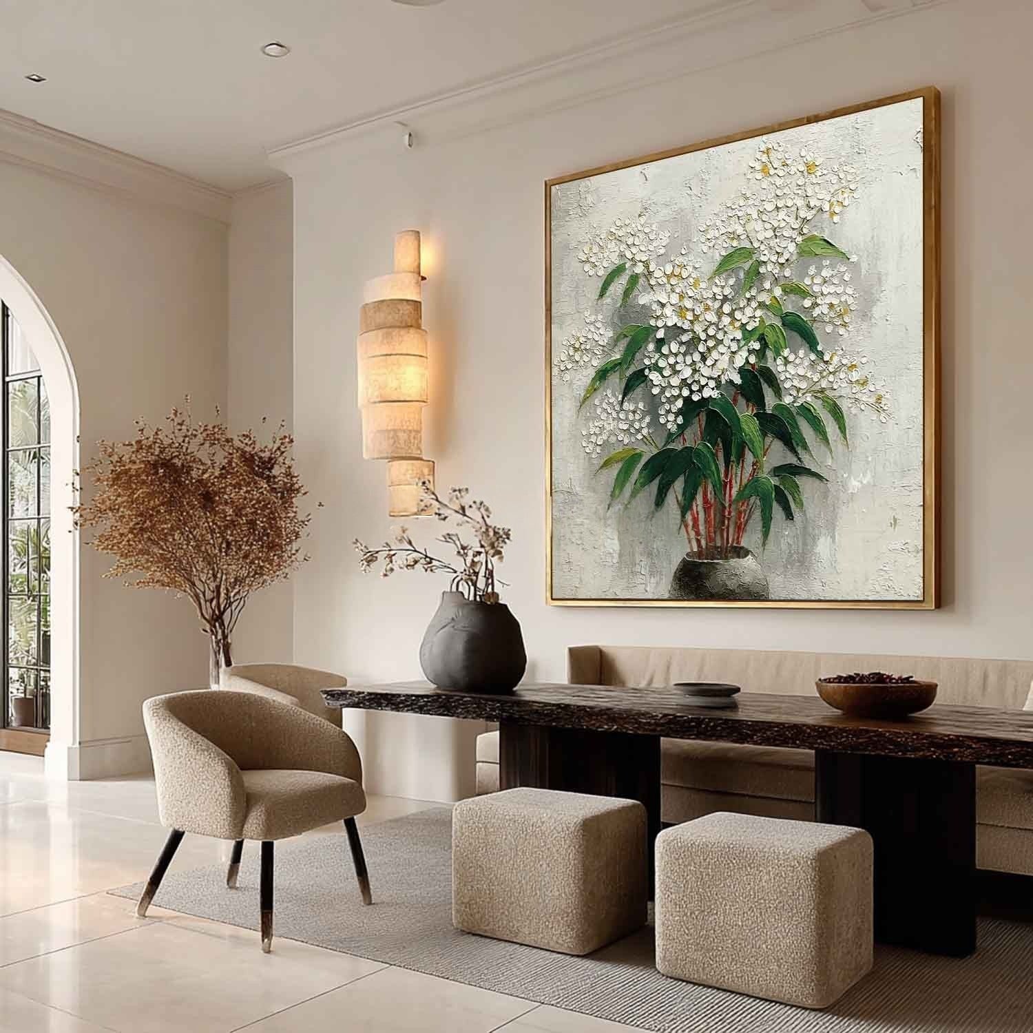 White Blossoms Red Stems Impasto Painting