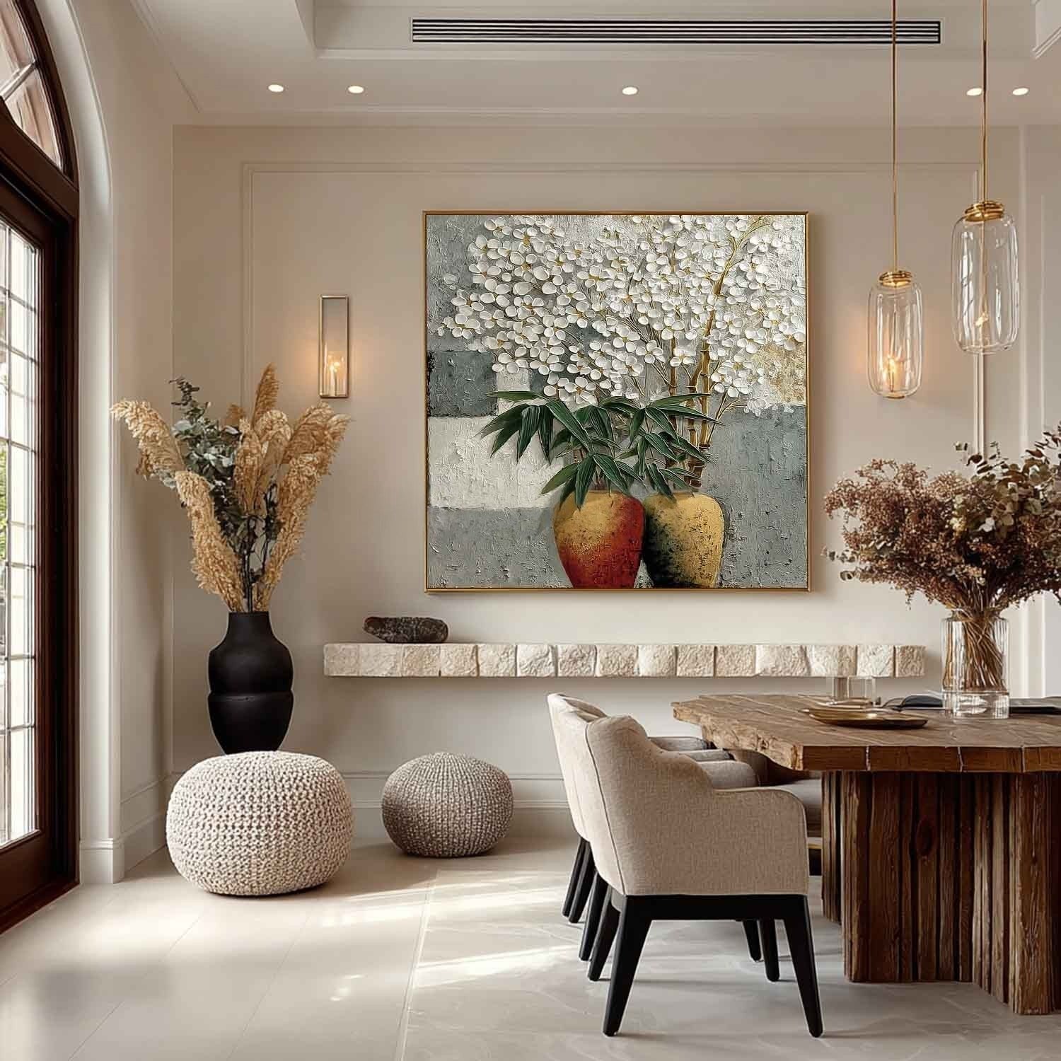 White Blossoms Gold Vases Impasto Painting