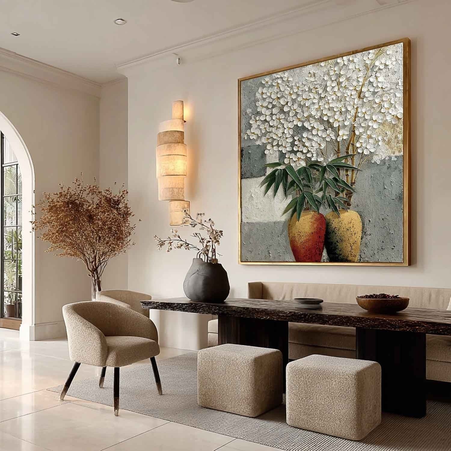 White Blossoms Gold Vases Impasto Painting