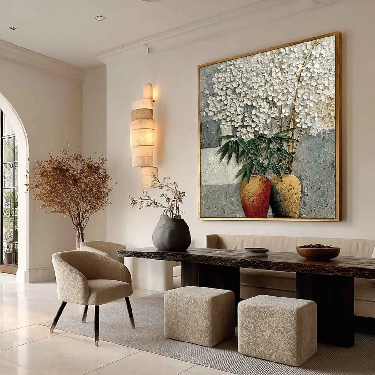 White Blossoms Gold Vases Impasto Painting