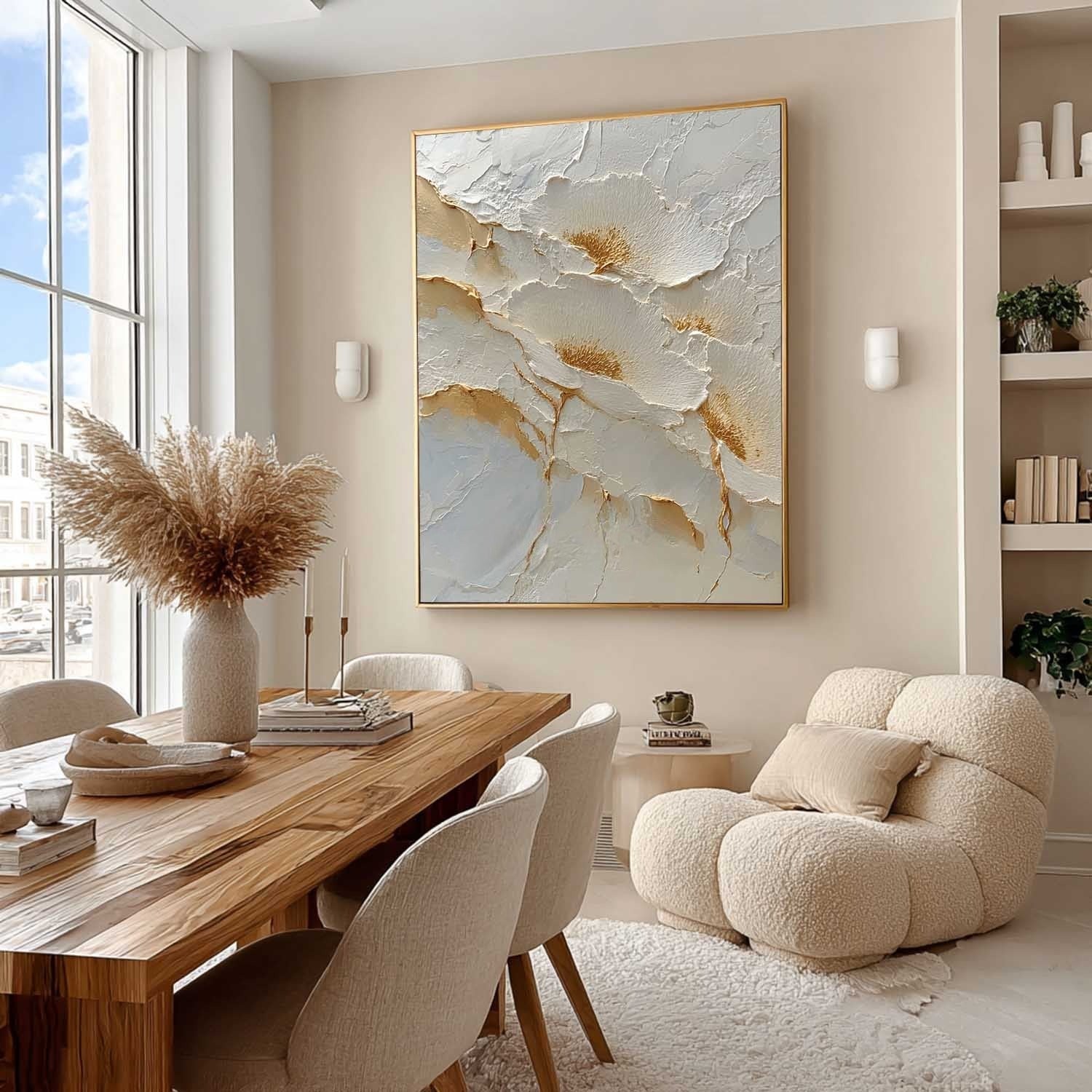 Wall Art Abstract Floral White Gold Palette