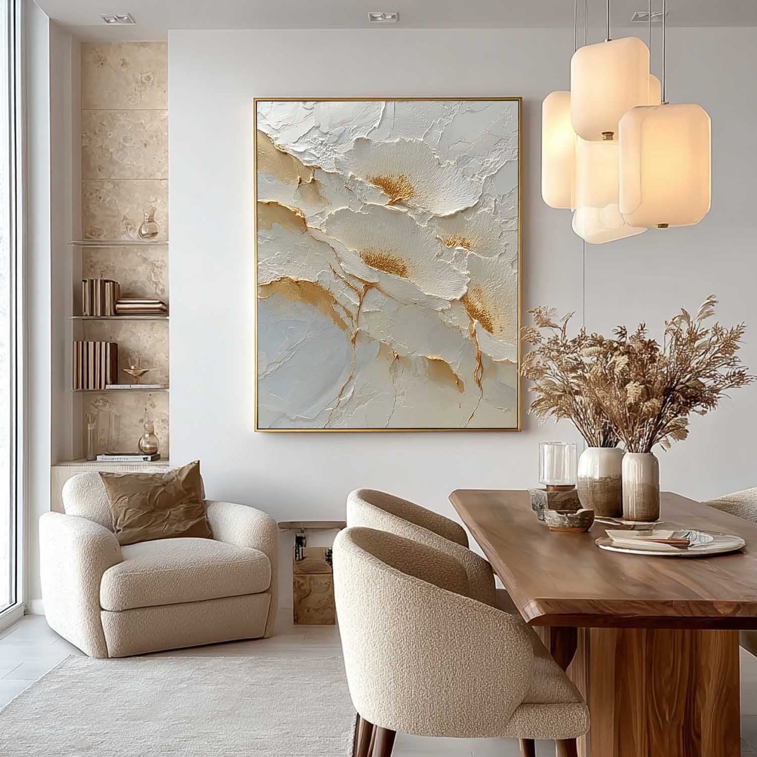 Wall Art Abstract Floral White Gold Palette