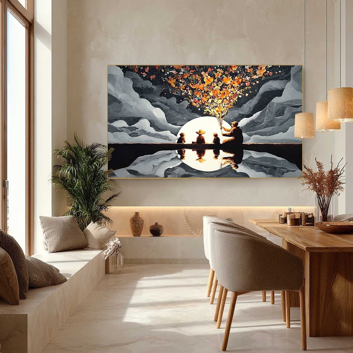 Family Silhouette Moon Art Oil Painting