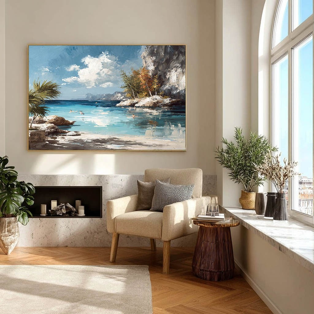 Tropical Cliffside Bay Impasto Painting