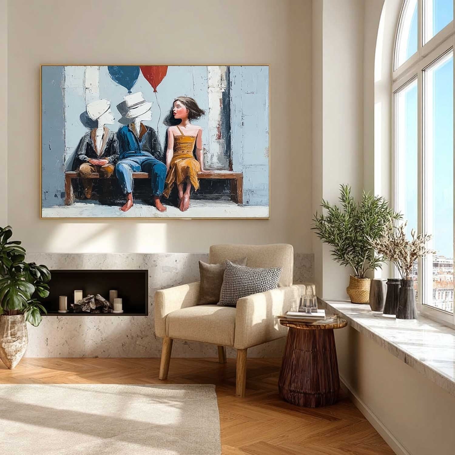 Balloon Figure Bench Art Oil Painting