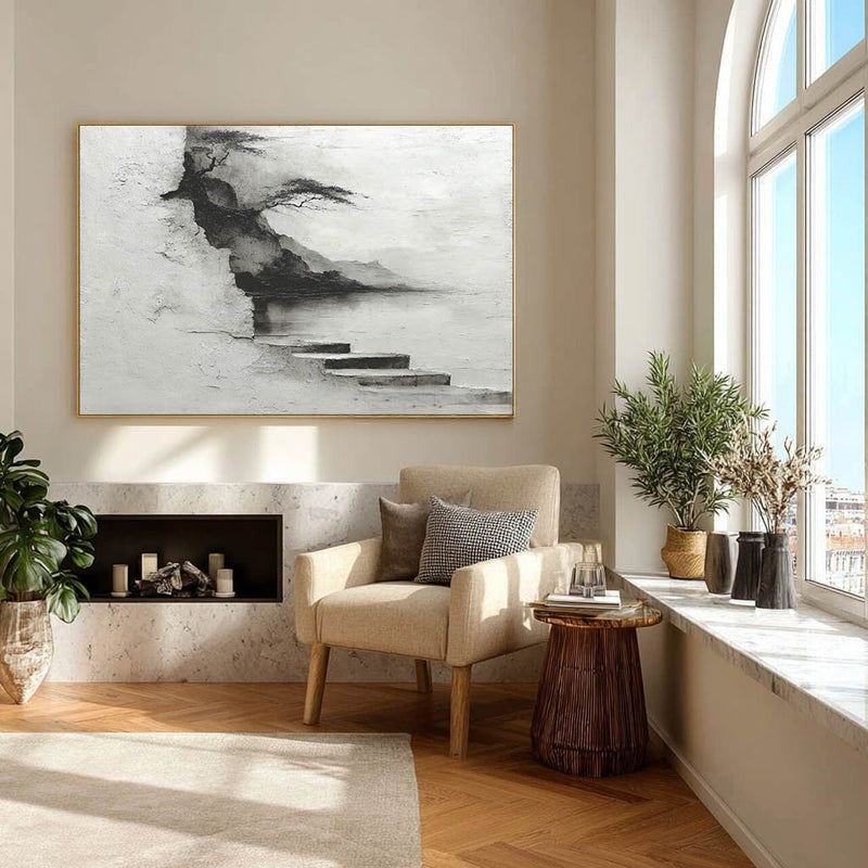 Wall Art Monochrome Cliff Tree Lakeside Landscape