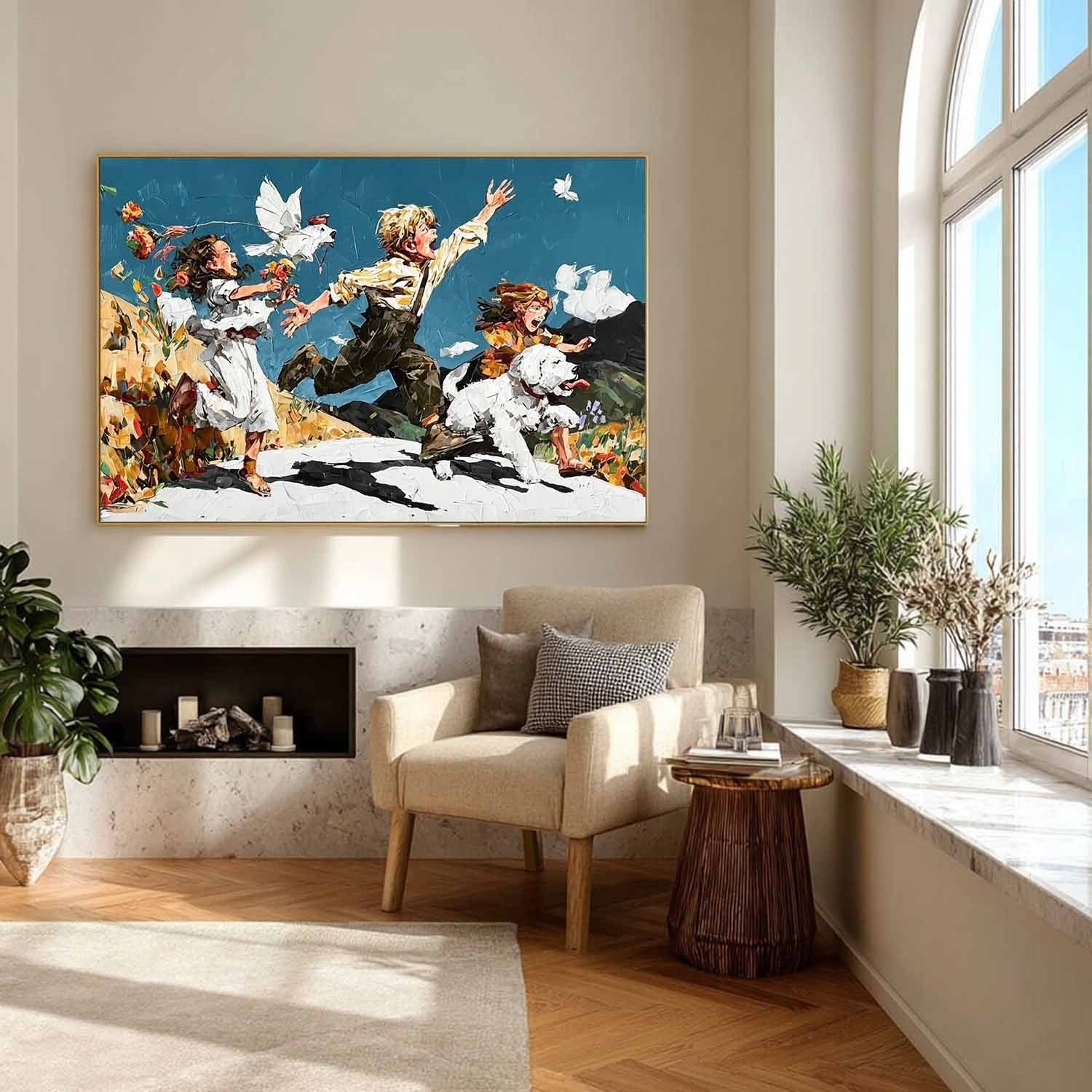 Joyful Children Running Impasto Painting