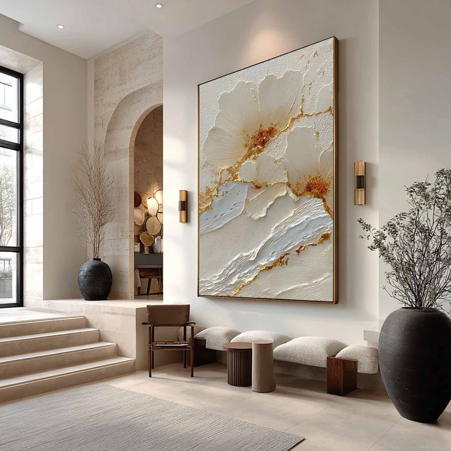 Wall Art Cream Floral Gold Kintsugi Textured