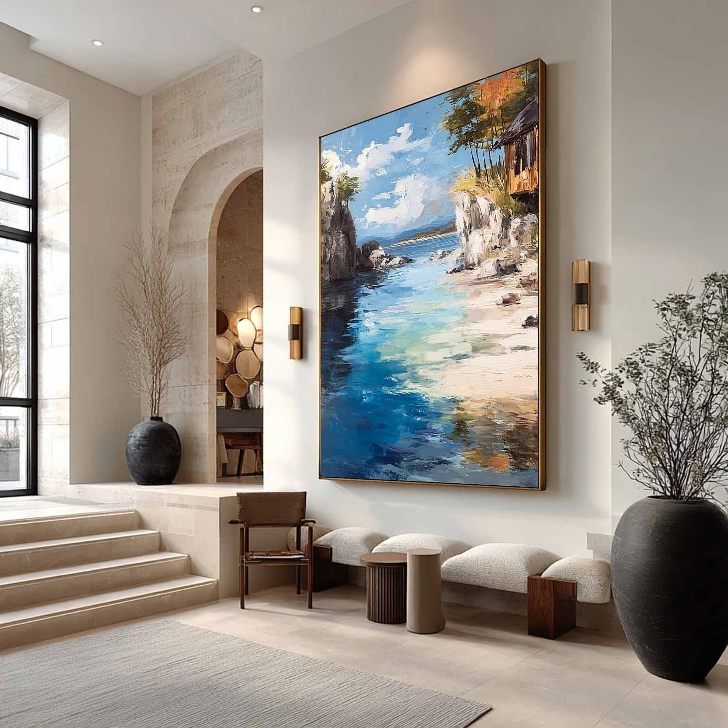 Secluded Cliffside Cove Impasto Painting