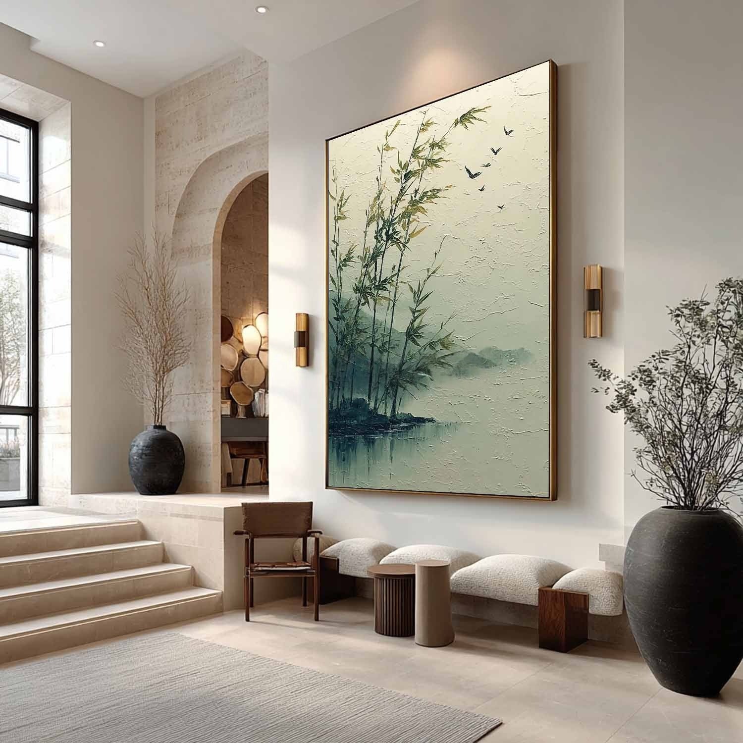 Misty Lakeside Bamboo 3D Impasto Painting