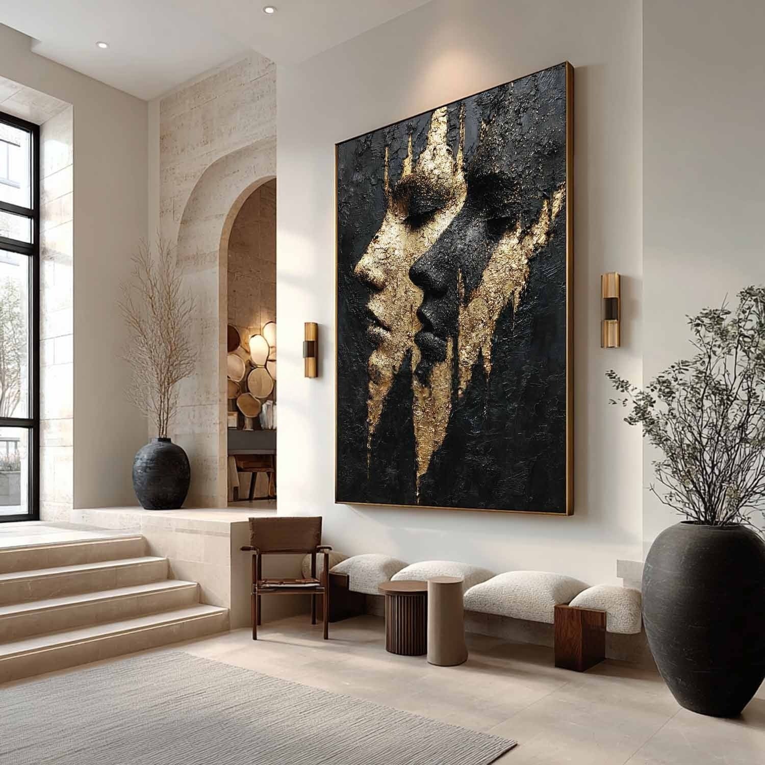 Yin-Yang Lovers Black Gold Impasto Painting