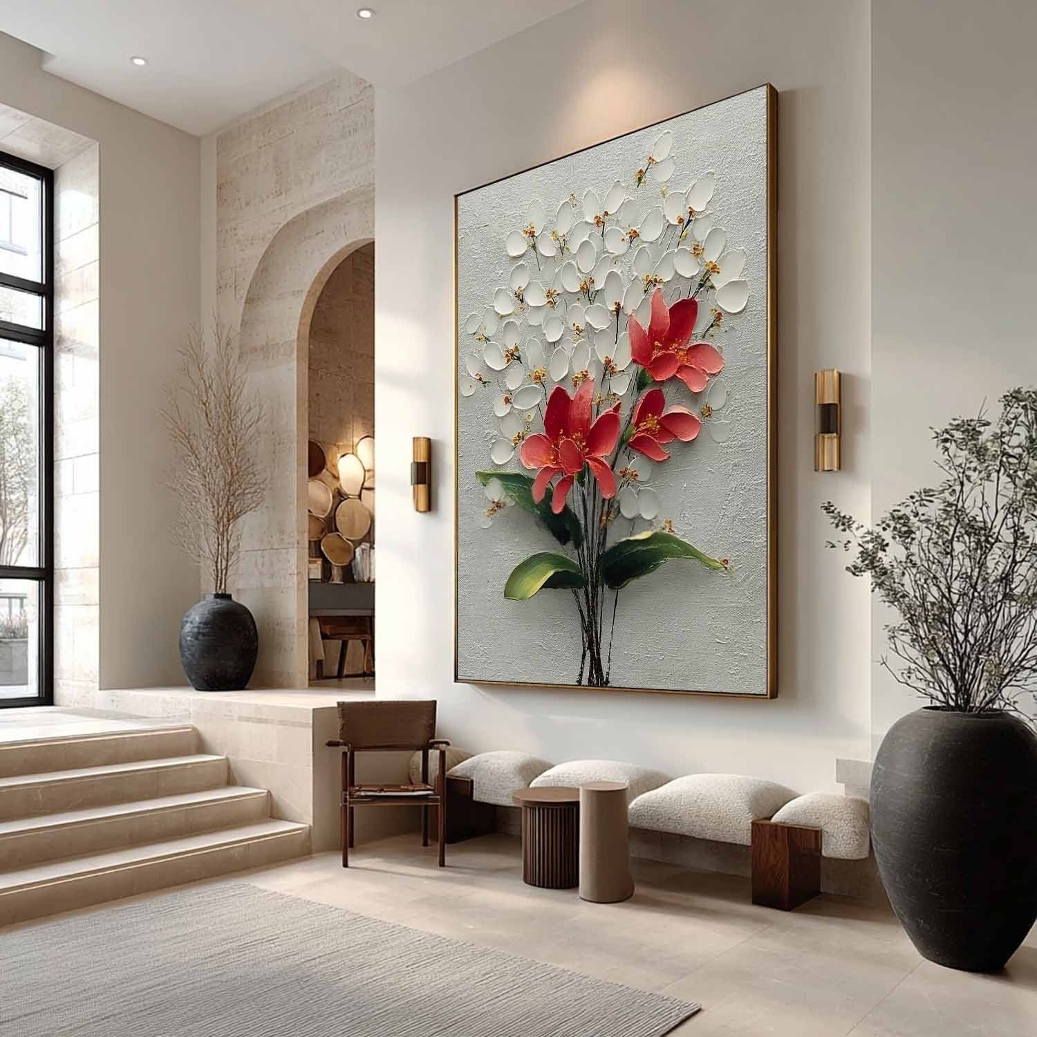 White Blossoms Red 3D Textured Painting
