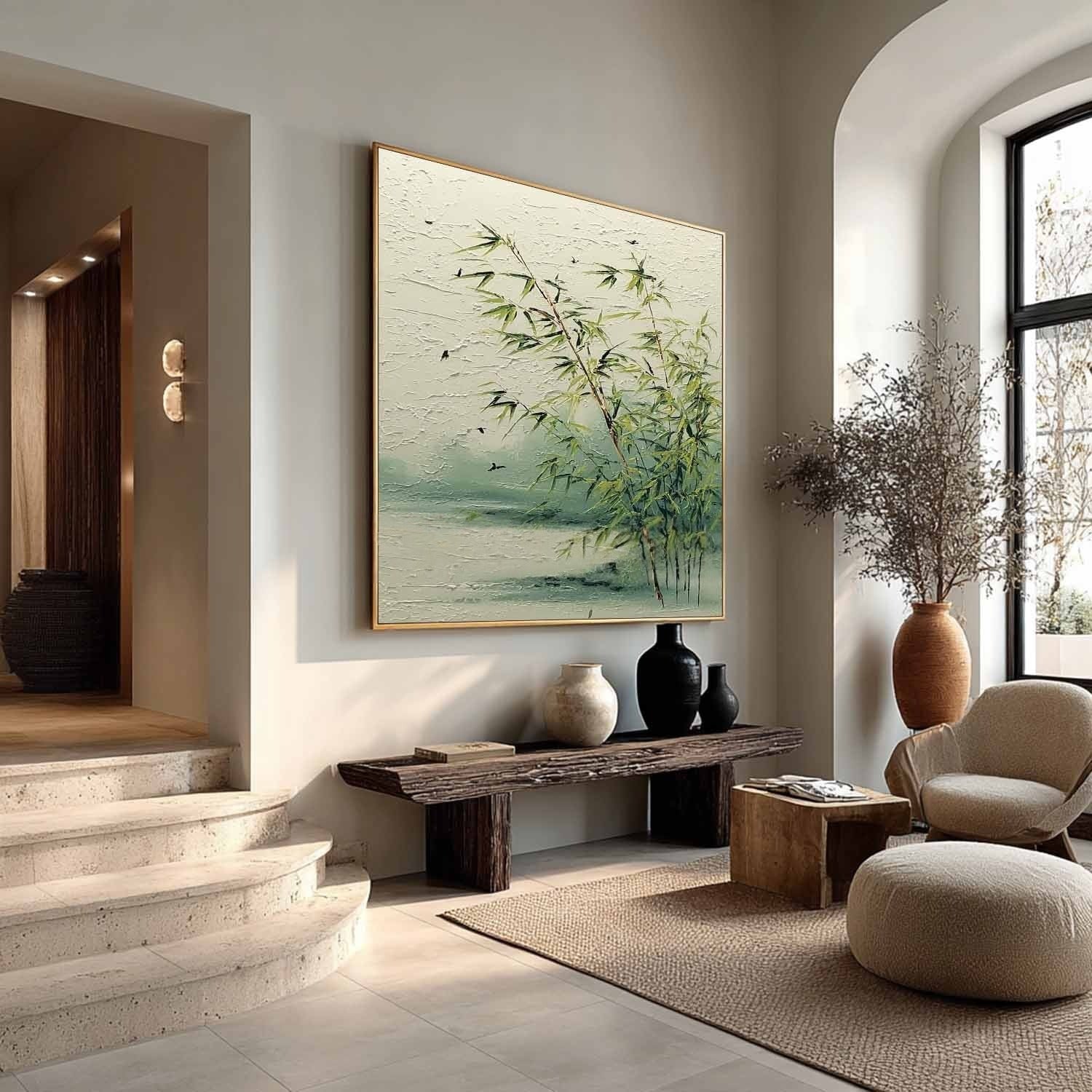 Tranquil Lakeside Bamboo 3D Impasto Painting
