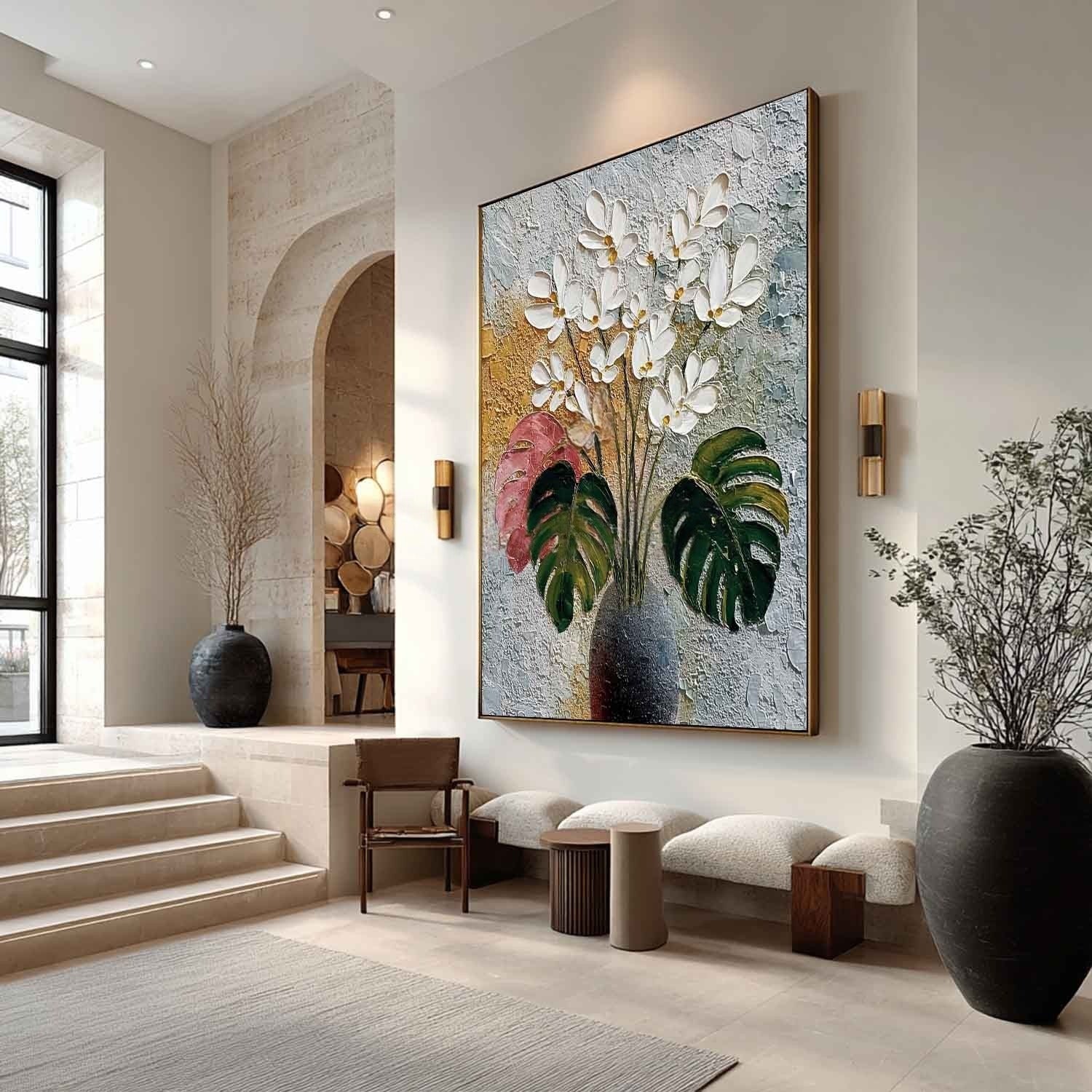 White Blossoms Monstera Impasto Painting