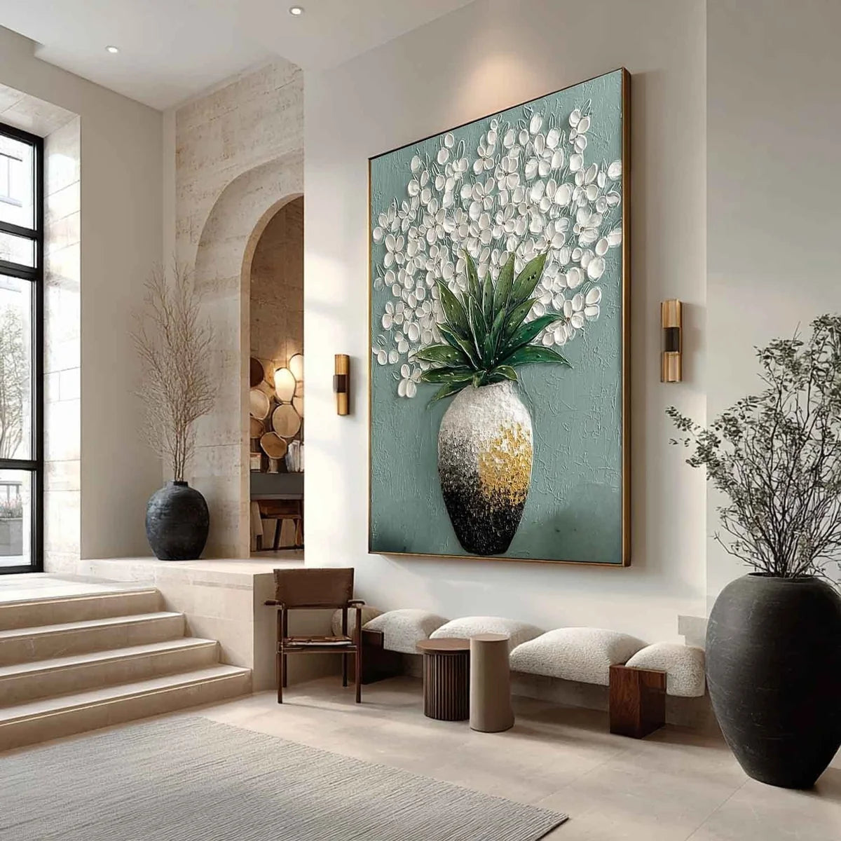 White Blossoms Ombre Vase Impasto Painting