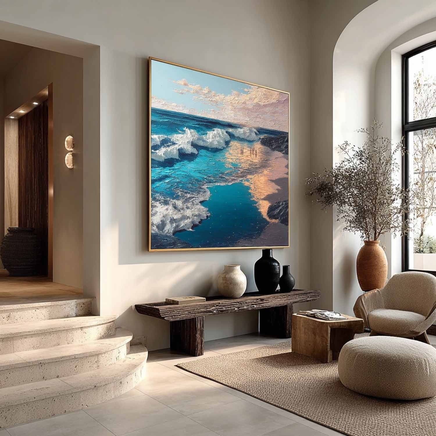 Sunset Beach Wave Impasto Painting