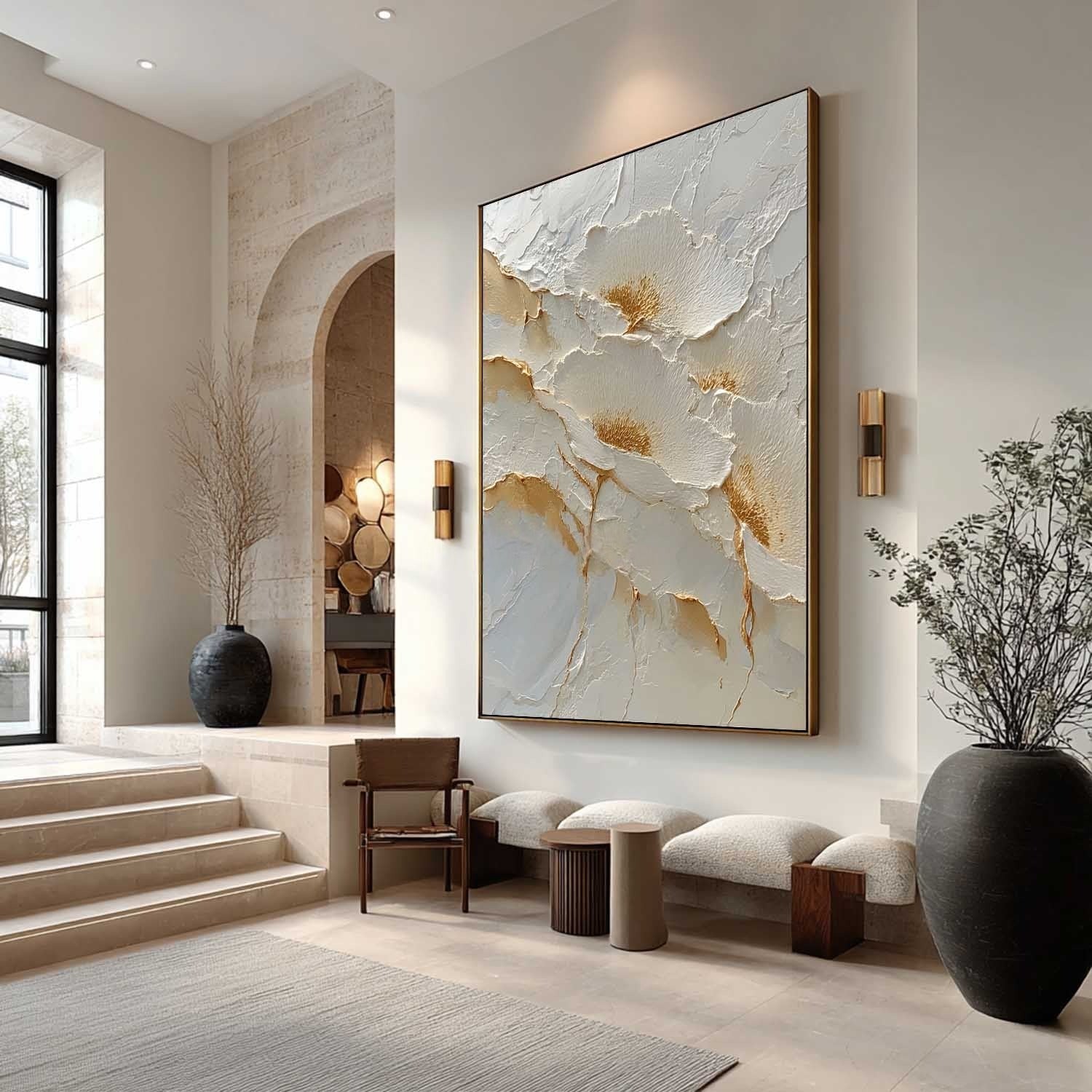 Wall Art Abstract Floral White Gold Palette