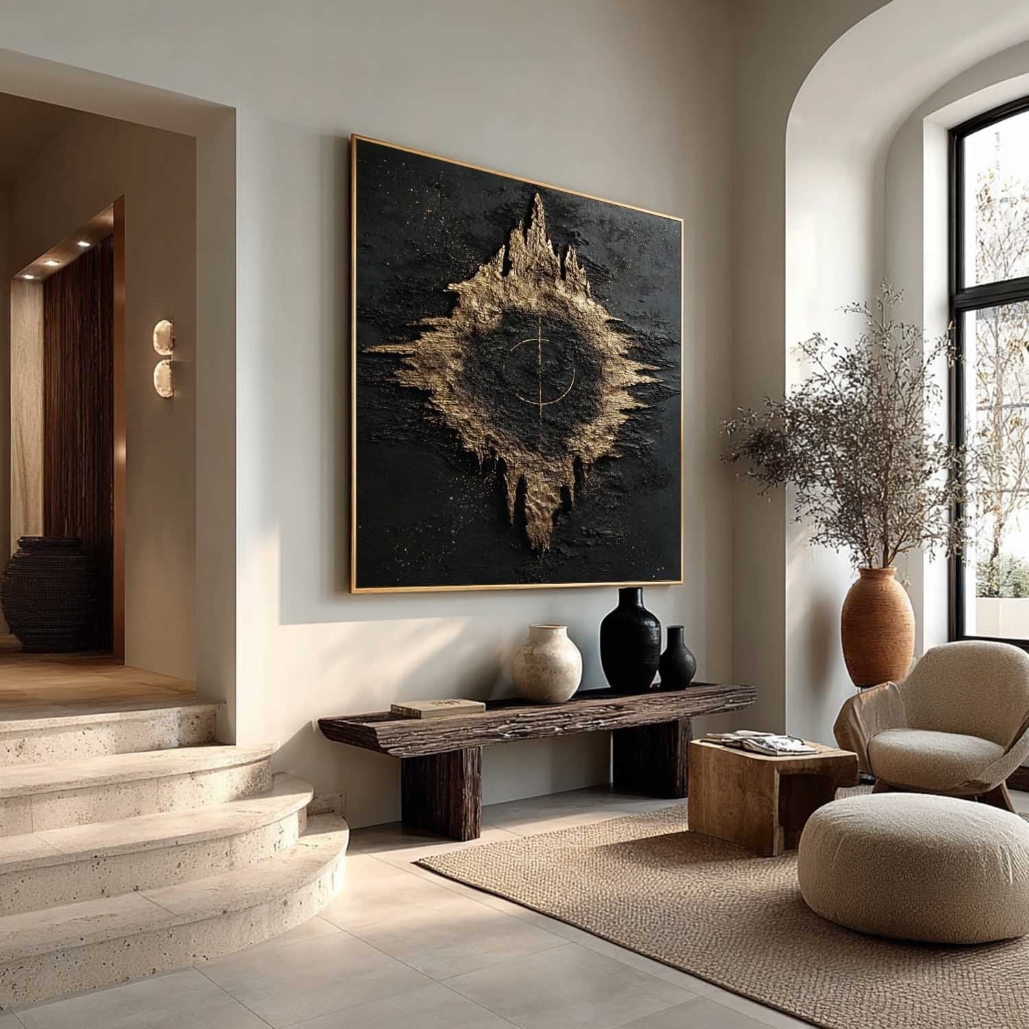 Black Gold Abstract Geode Bas-Relief Painting