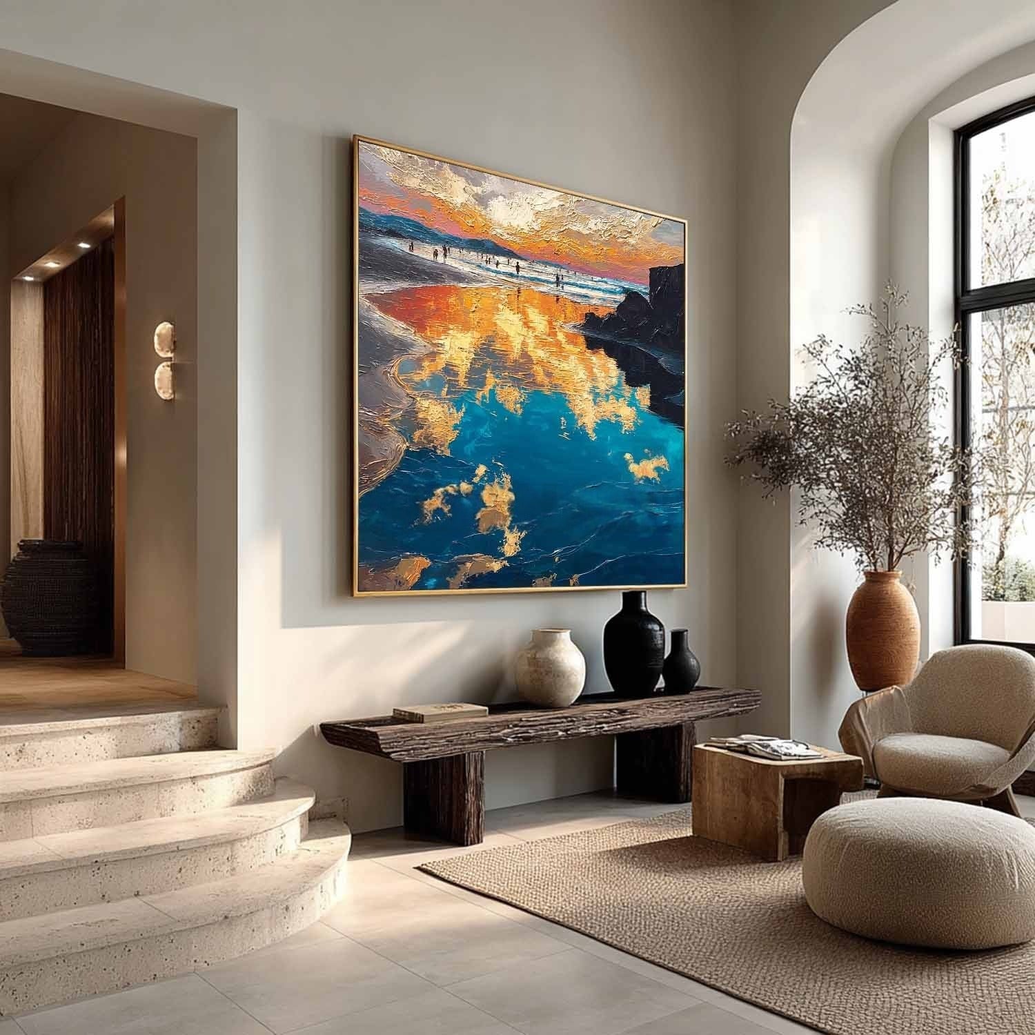 Golden Hour Beach Reflection Impasto Painting