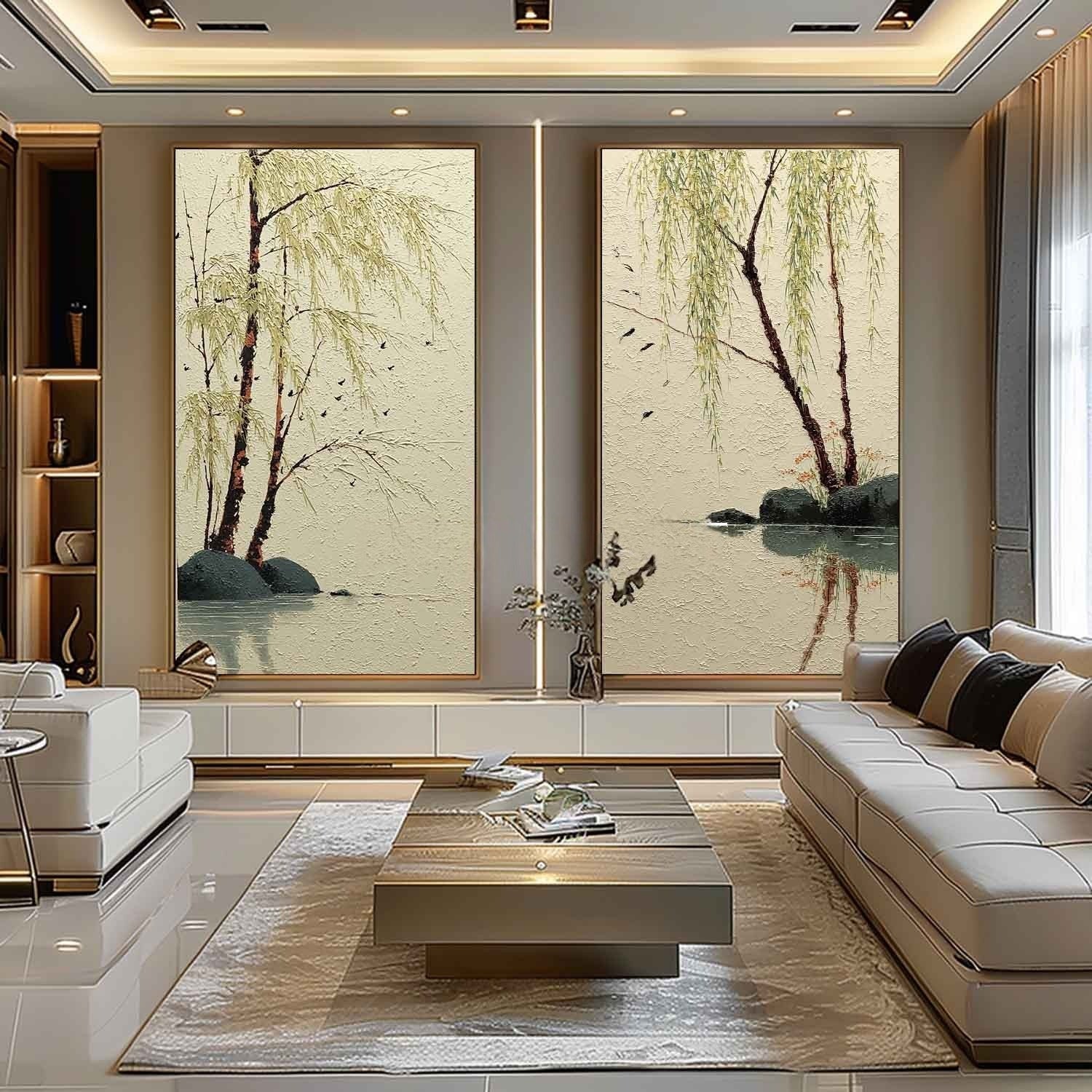 Willow Lake Diptych 3D Impasto Painting