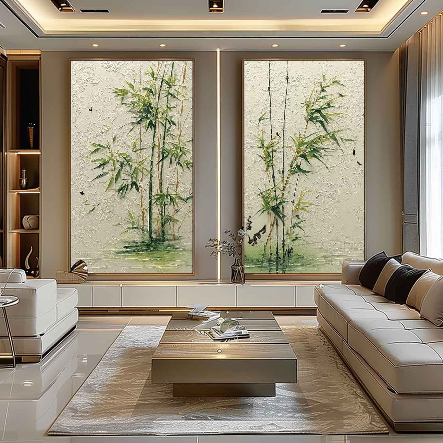 Wall Art Green Bamboo Diptych Oriental Set