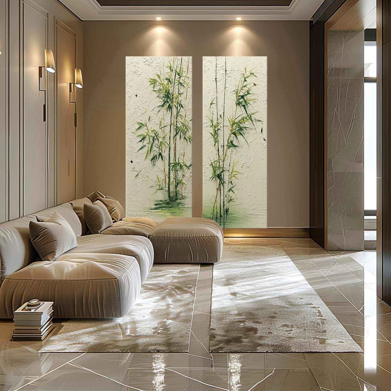 Wall Art Green Bamboo Diptych Oriental Set