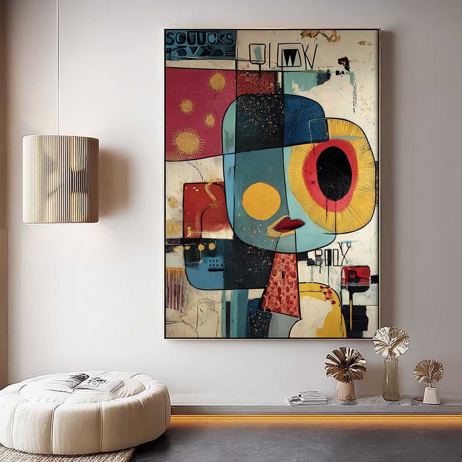 Wall Art Cubist Face Abstract Gold Oil Painting