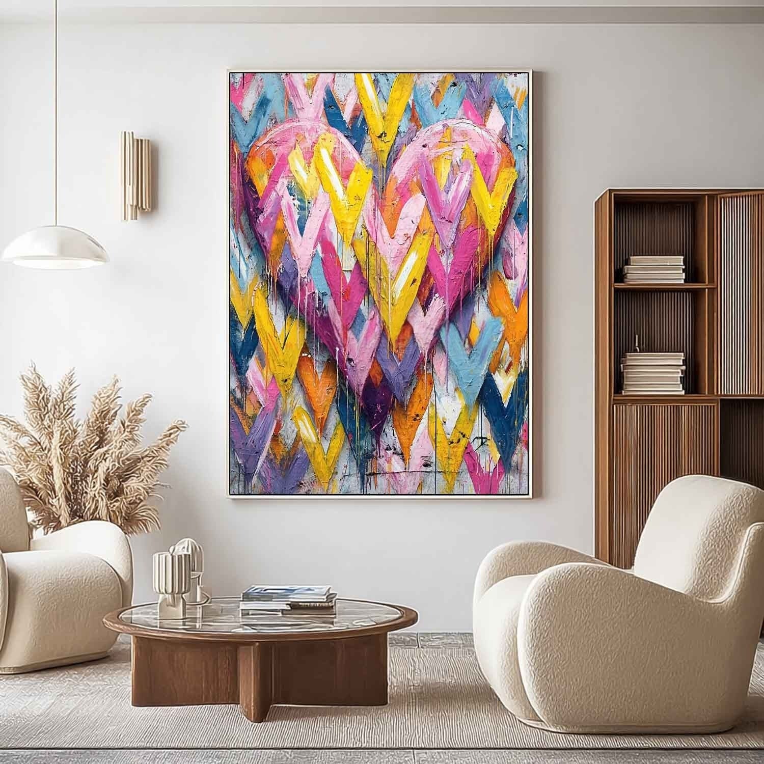 Vibrant Chevron Double Heart Impasto Painting