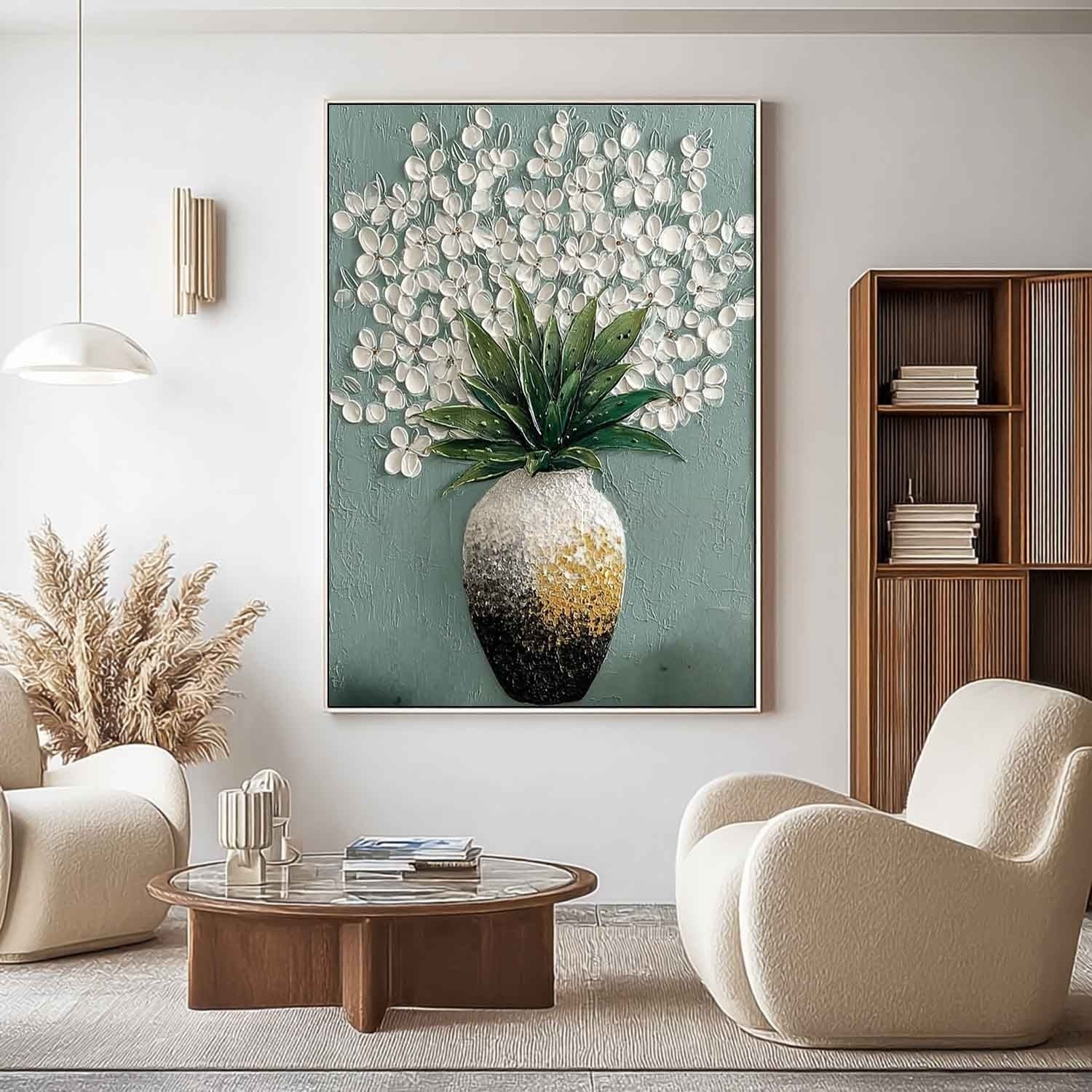 White Blossoms Ombre Vase Impasto Painting