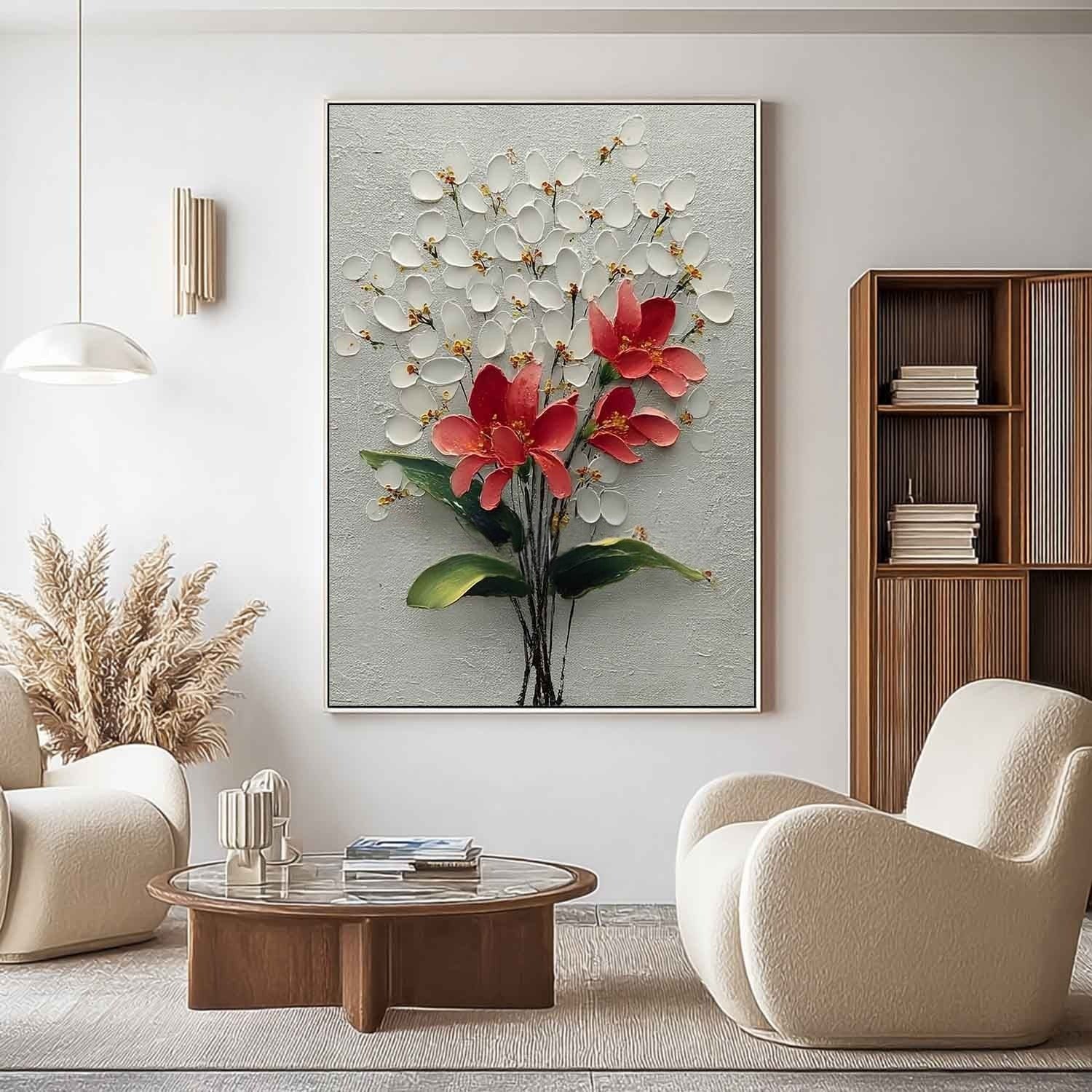 White Blossoms Red 3D Textured Painting