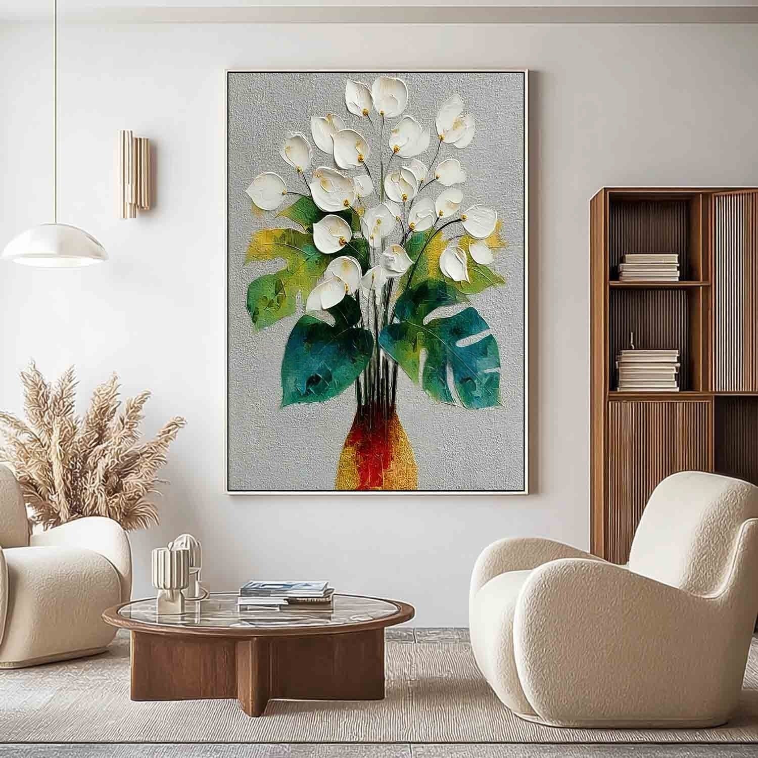 White Calla Lily Monstera Impasto Painting