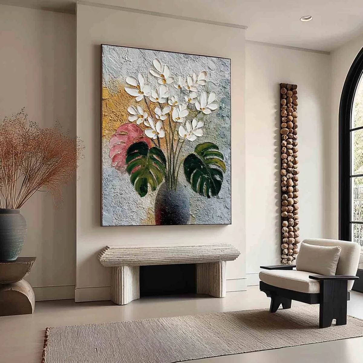White Blossoms Monstera Impasto Painting