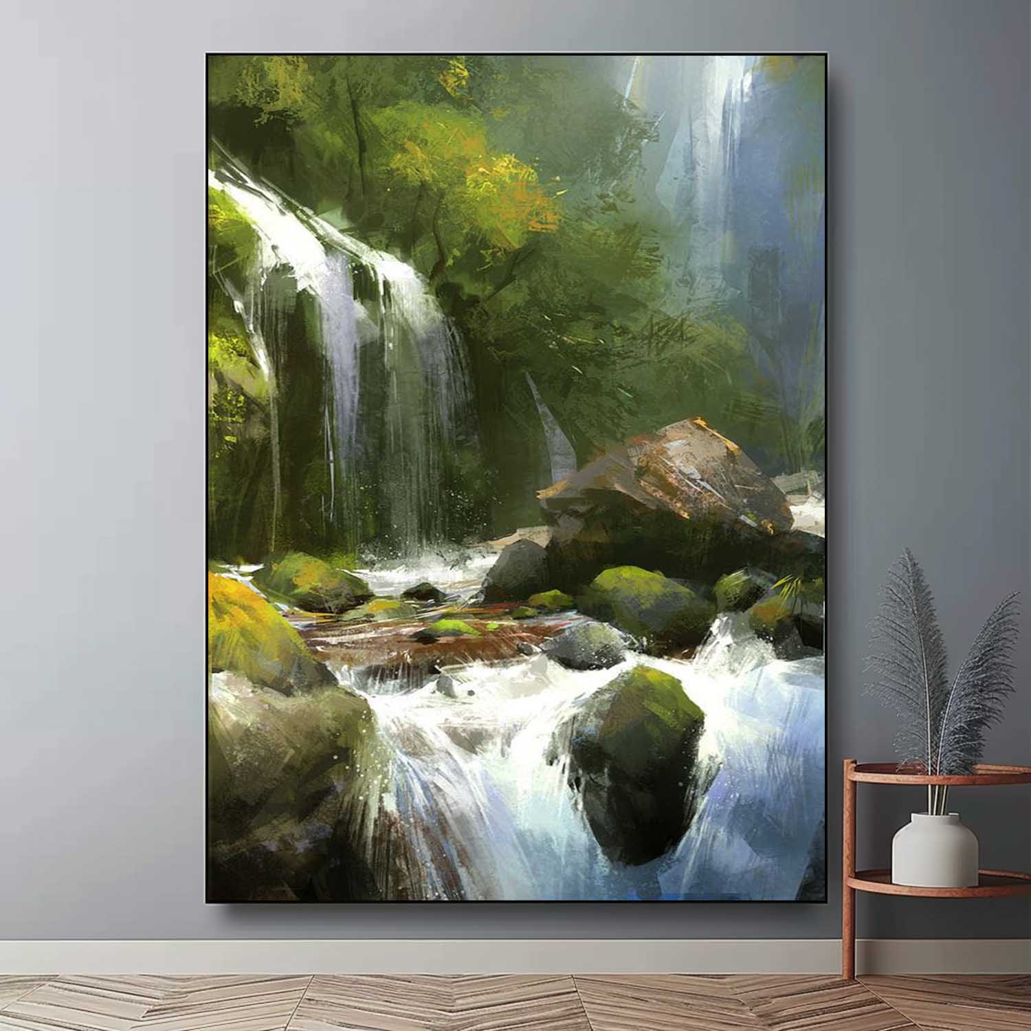 Wall Art Vertical Impressionist Waterfall Landscape Lush