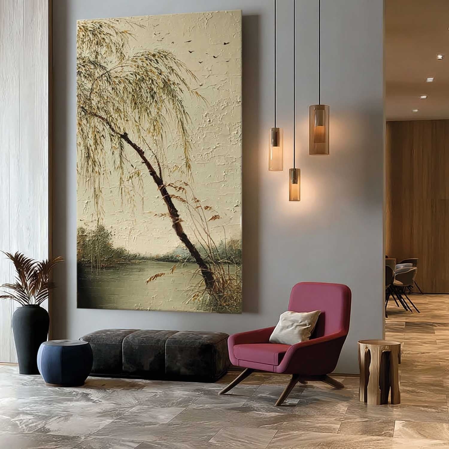 Serene Willow the Lake 3D Impasto Painting