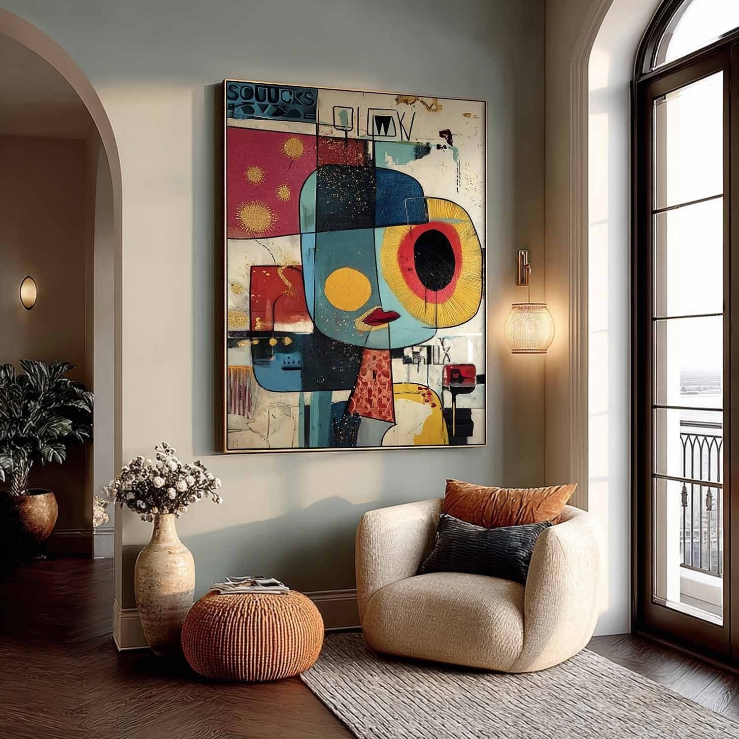 Wall Art Cubist Face Abstract Gold Oil Painting