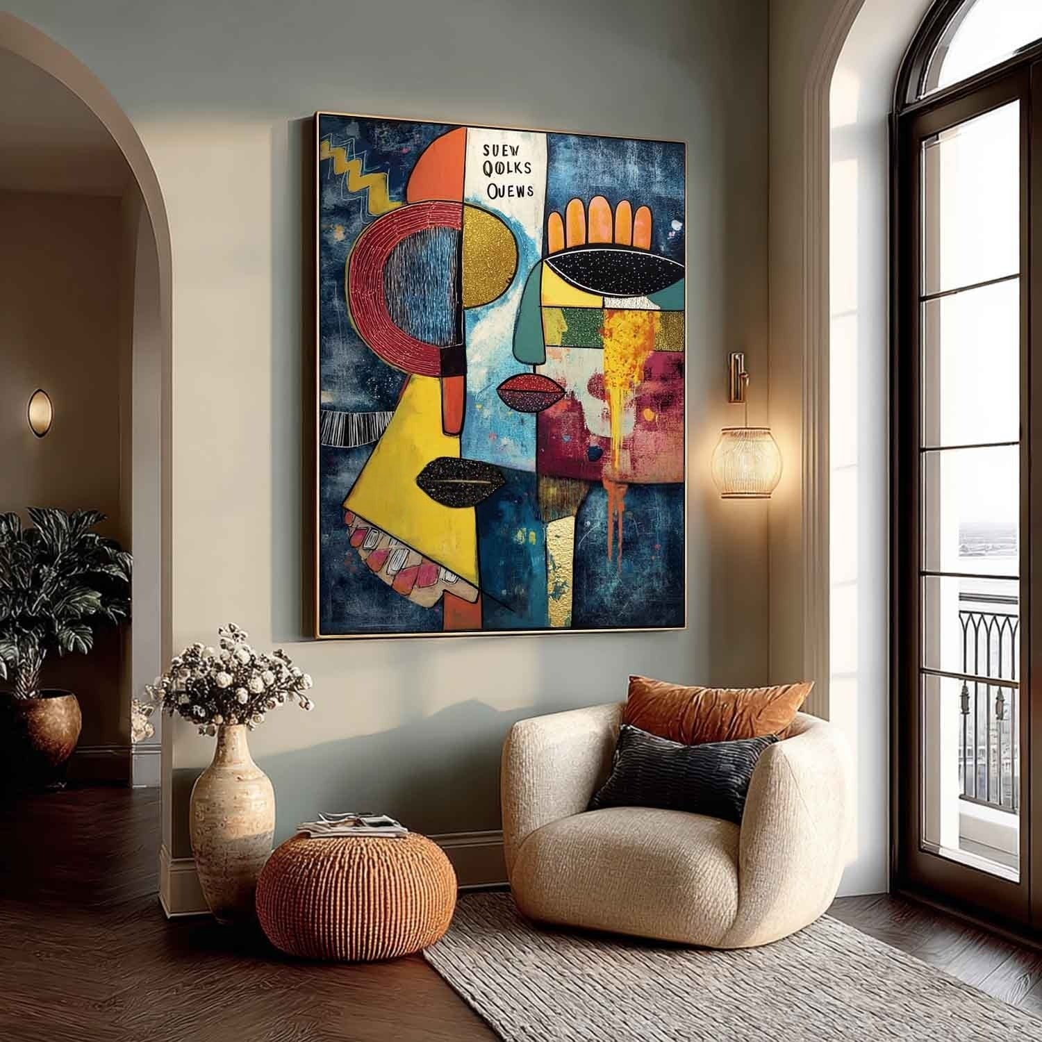 Wall Art Vertical Cubist Abstract Face Scene Vibrant