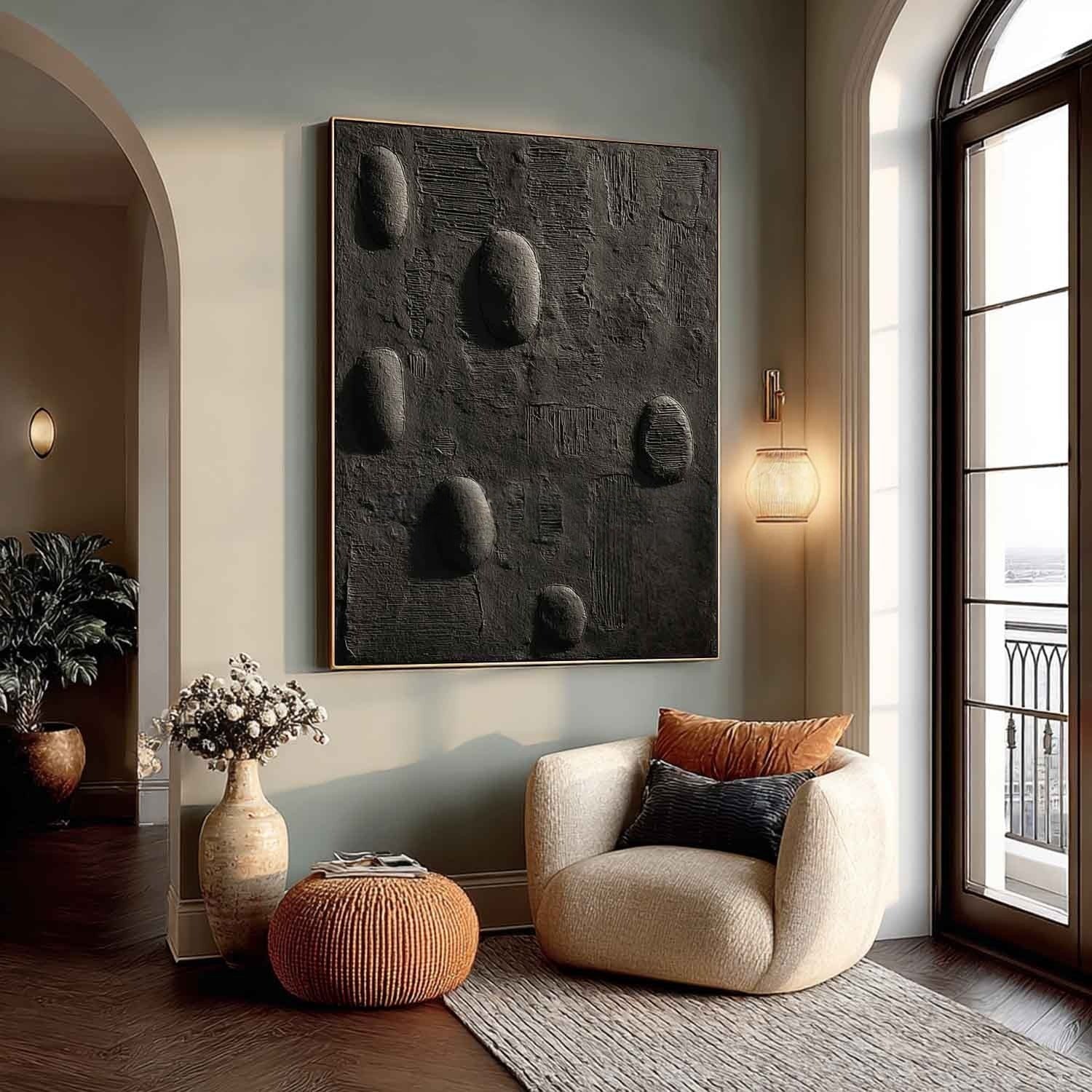 Black Minimalist Pebble Texture Painting