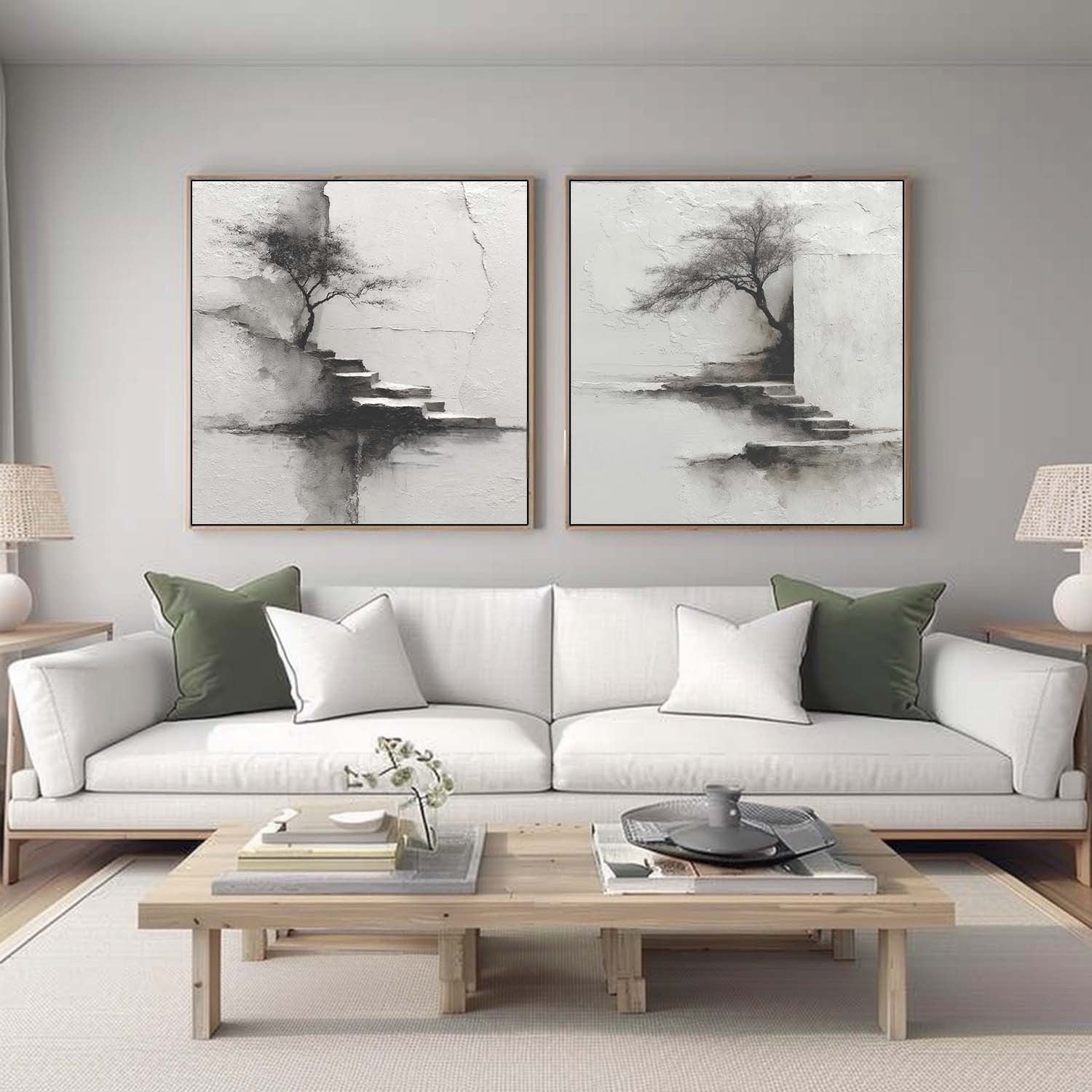 Wabi-Sabi Solitary Tree Diptych Painting