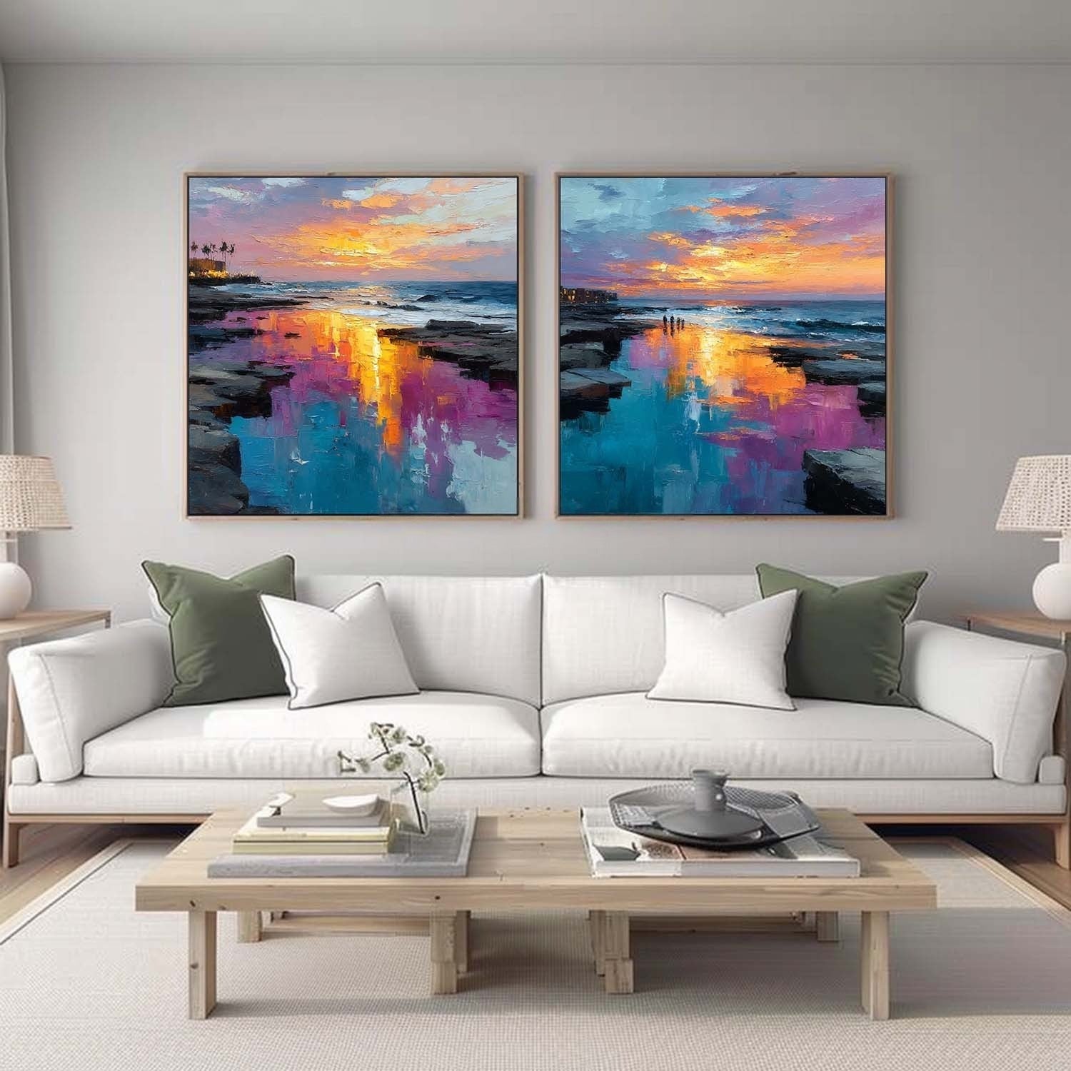 Coastal Sunset Diptych Impasto Painting
