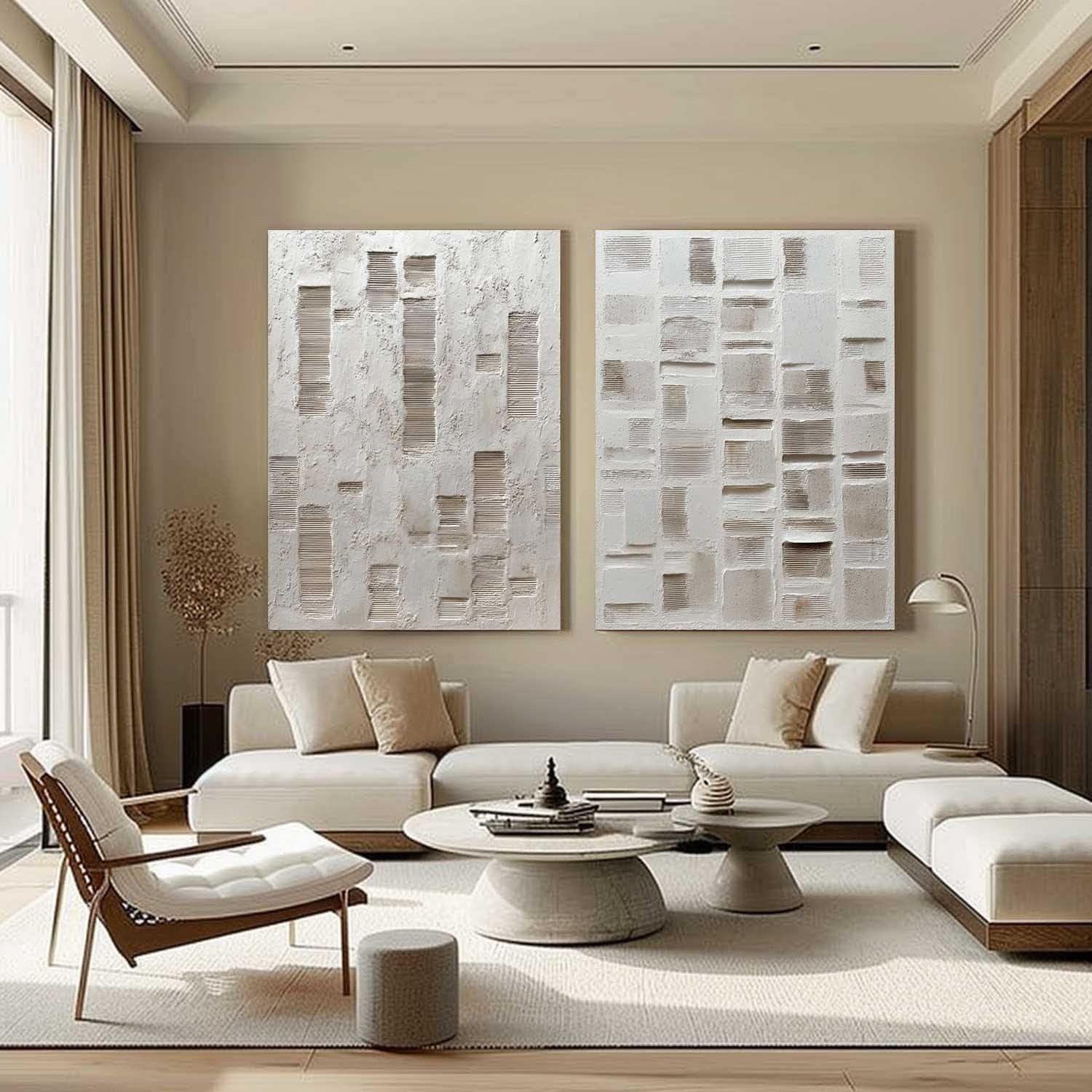 Wall Art Diptych Textured Abstract Geometric Scene Serene Neutral