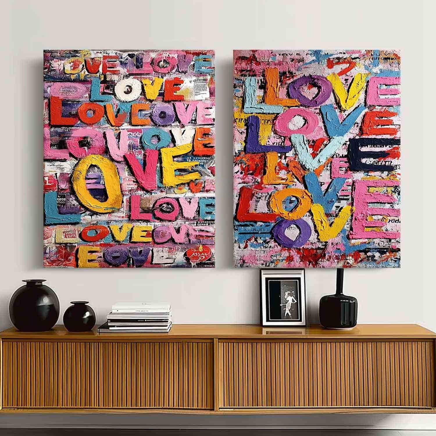Graffiti Love Pop Art Diptych Impasto Painting