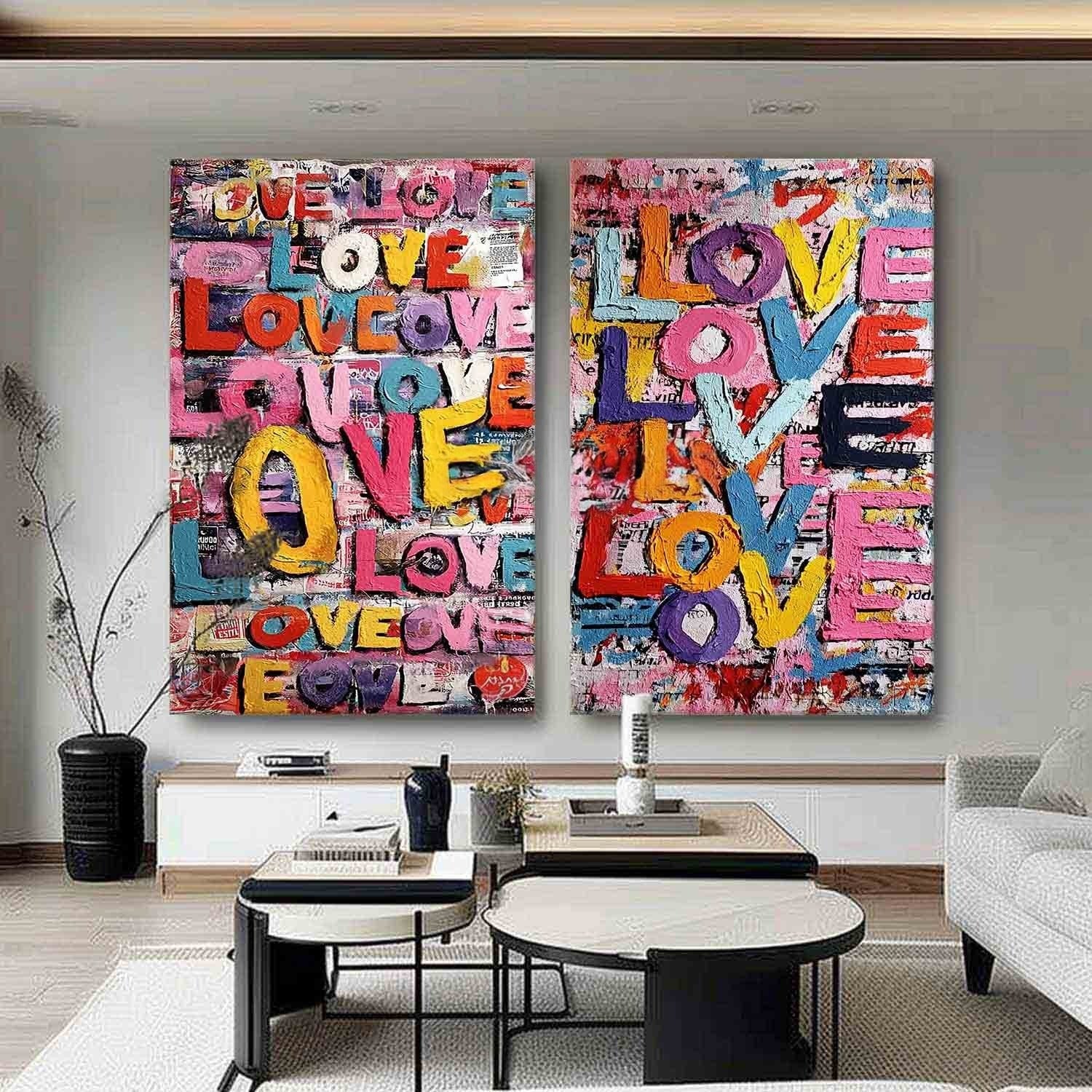 Graffiti Love Pop Art Diptych Impasto Painting