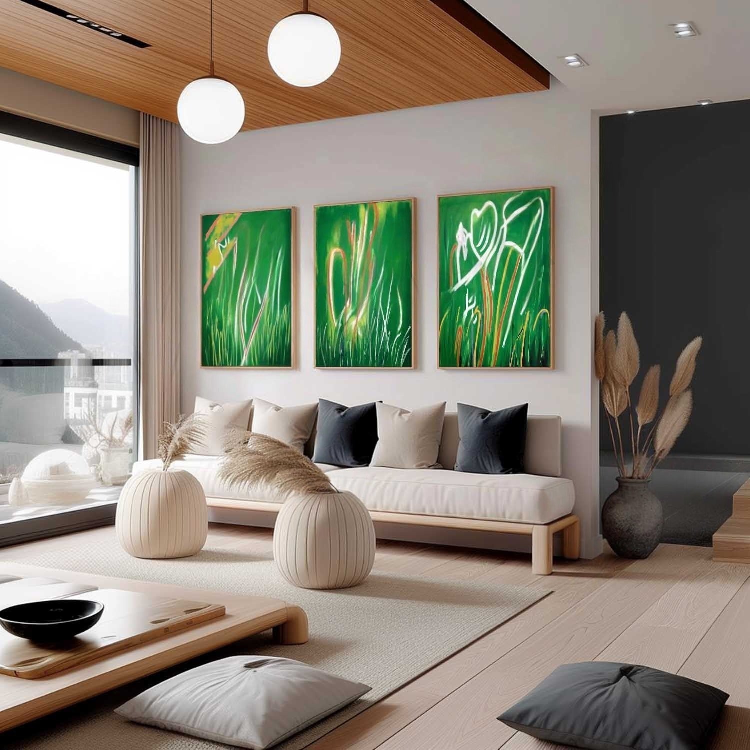 Wall Art Triptych Green Grass Abstract