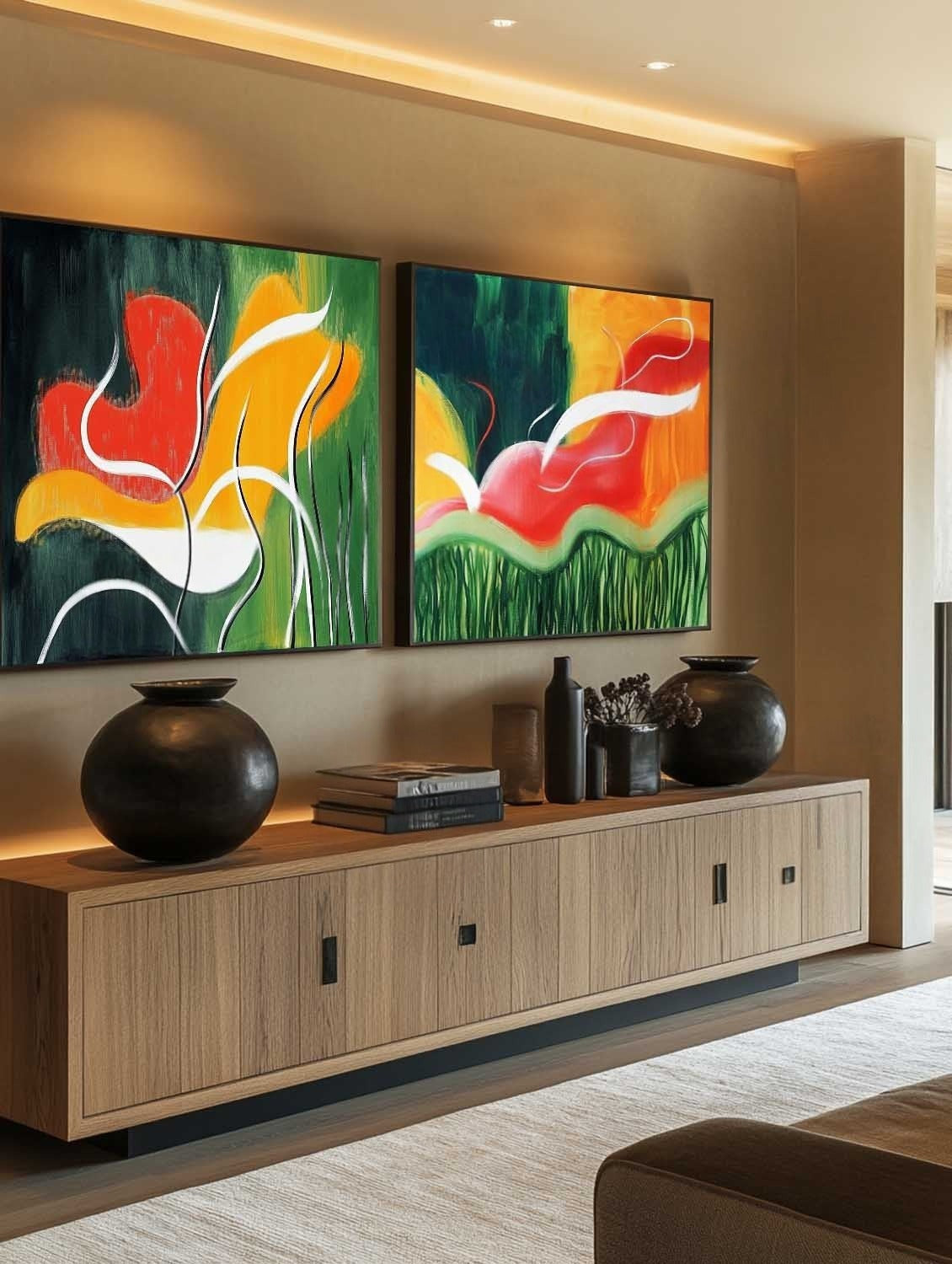 Wall Art Vibrant Abstract Floral Diptych